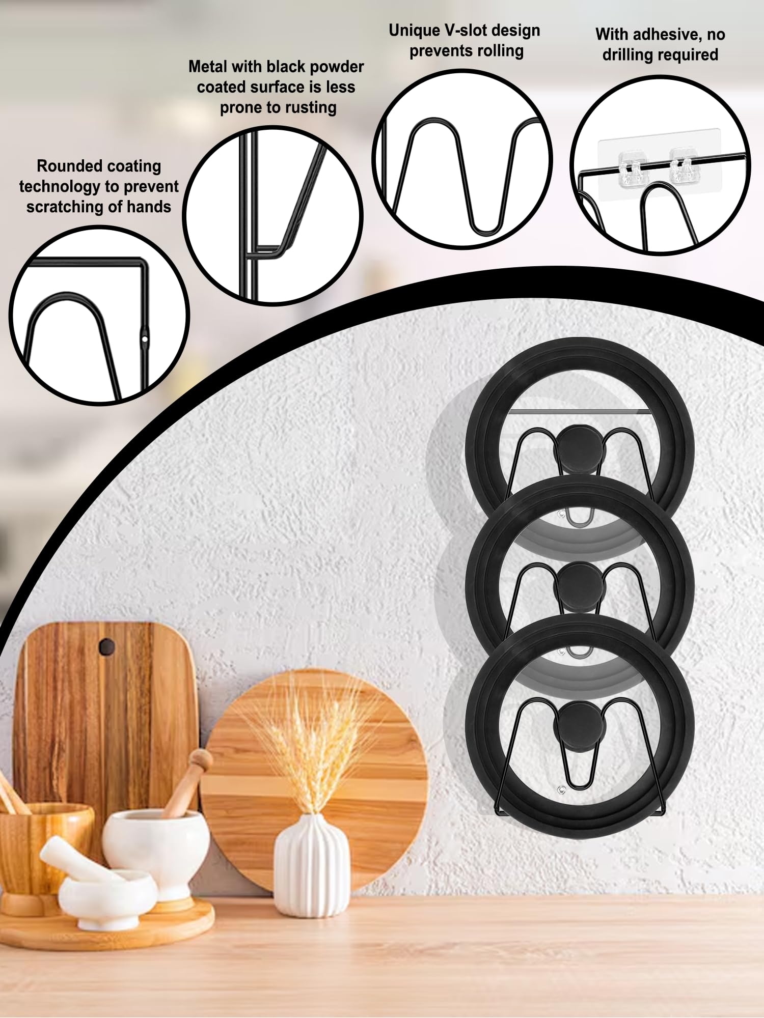 Lot De 4 Supports Muraux Pour Couvercles De Casserole WAVATA – Adhésif Fort, Pour Couvercles De 15