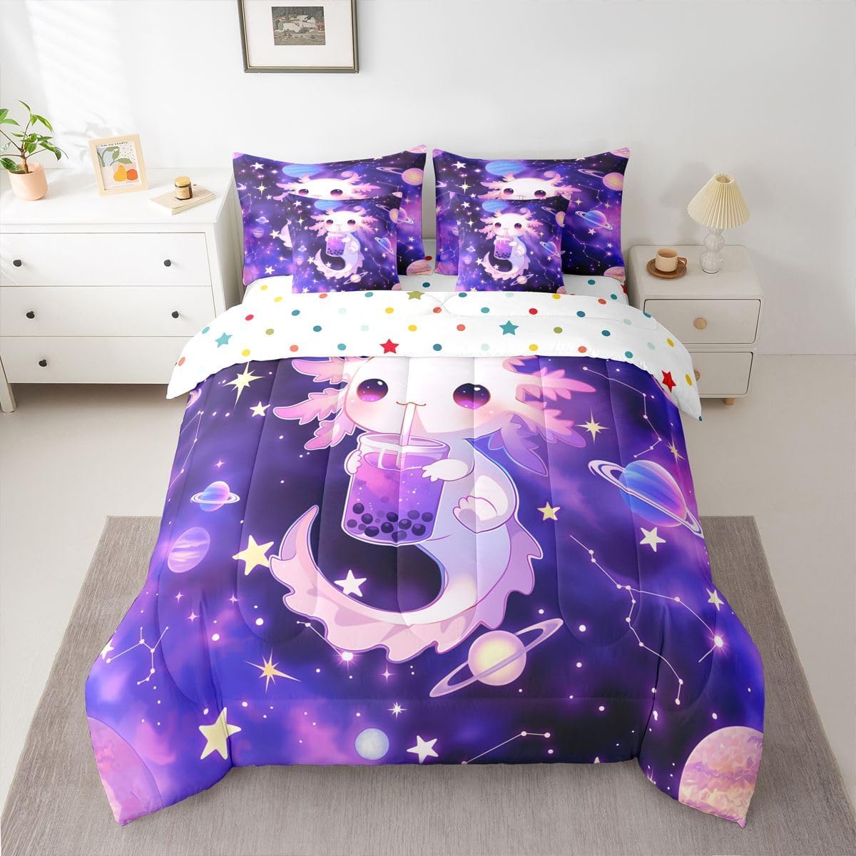 Erosebridal Kids Cute Axolotl Comforter Set with Sheets Full Galaxy Planet Space Axolotl 7 Piece Bedding Set Boys Girls Cartoon Sea Animals Bed in A Bag Purple Starry Sky Teens Bed Set Room Decor image 5