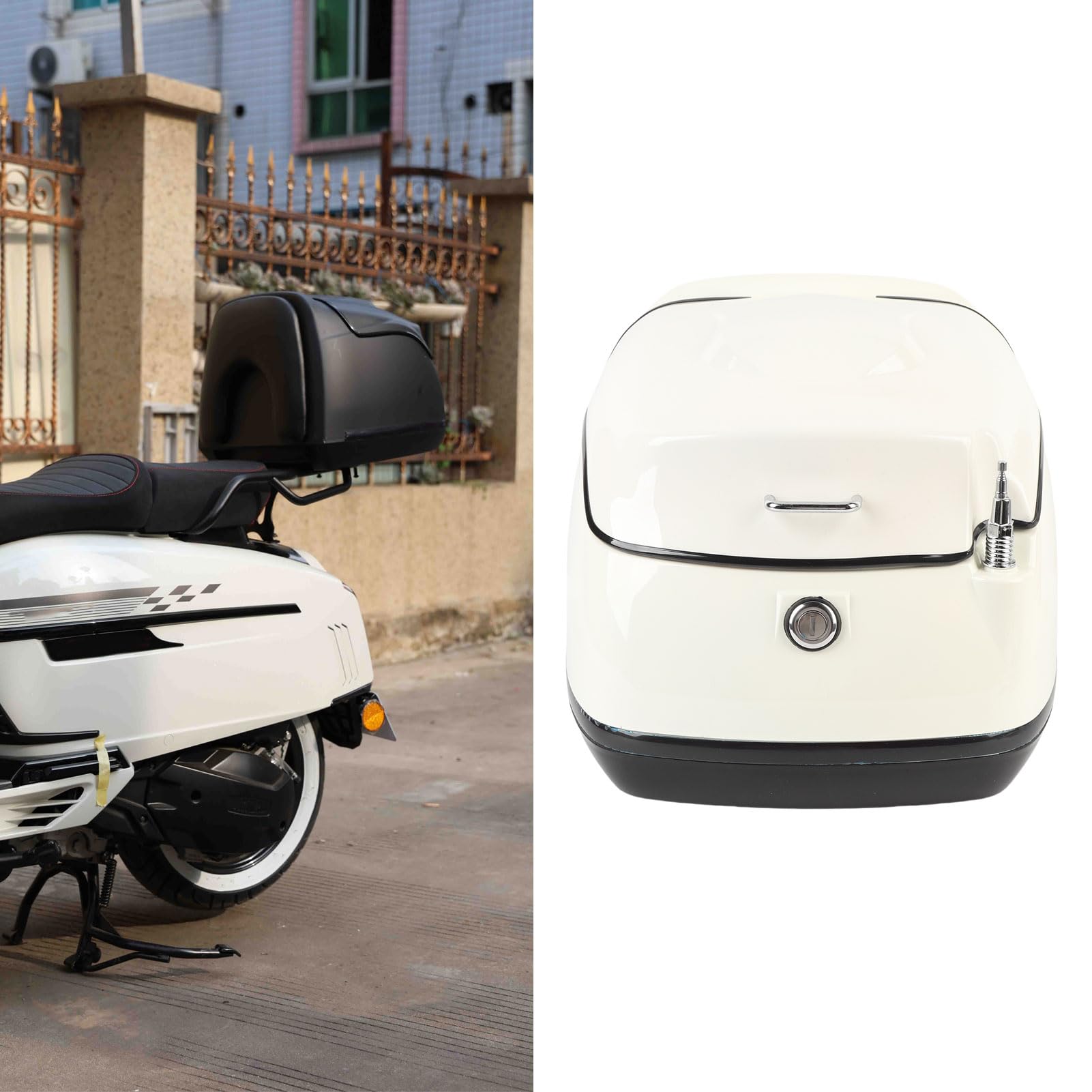 Cocoarm 38L Motorrad-Topbox, Wasserdicht, ABS-Aufbewahrungskoffer mit Schlüsselschloss, Weiß, Universal für Motorräder und Motorroller