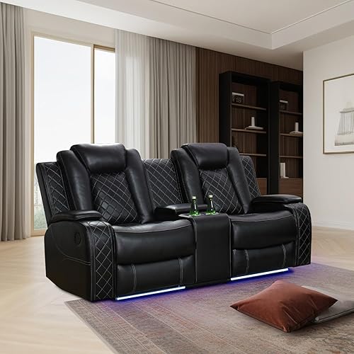 Miniatura 11 de Juego de sillón reclinable eléctrico con luces LED, juego reclinable de cuero Air con puerto USB/cargador inalámbrico/consola de