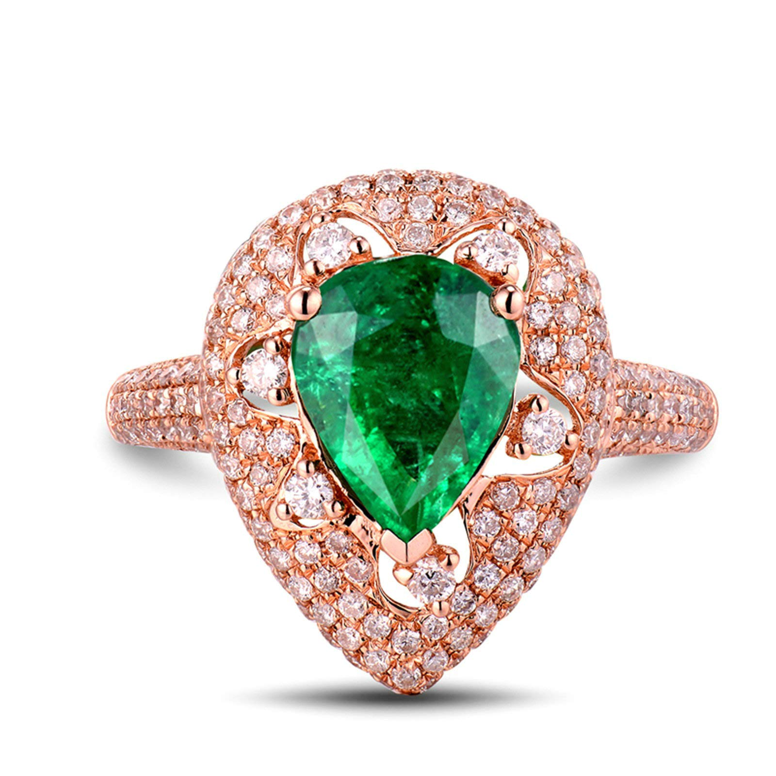 Anillos de boda de oro rosa para mujer, oro real de 18 quilates, 14 quilates, 9 quilates, talla H 1/2-V 1/2, anillos de compromiso de matrimonio con gota de agua con esmeralda de 2 quilates y