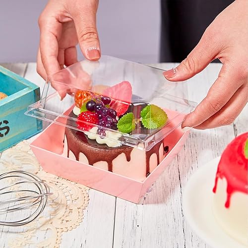 Miniatura 6 de Kucoele Paquete de 100 Cajas de Papel para Charcutería con Tapas Transparentes, Cajas de Galletas Rosas de 4 Pulgadas, Cajas de Postre, Contenedores