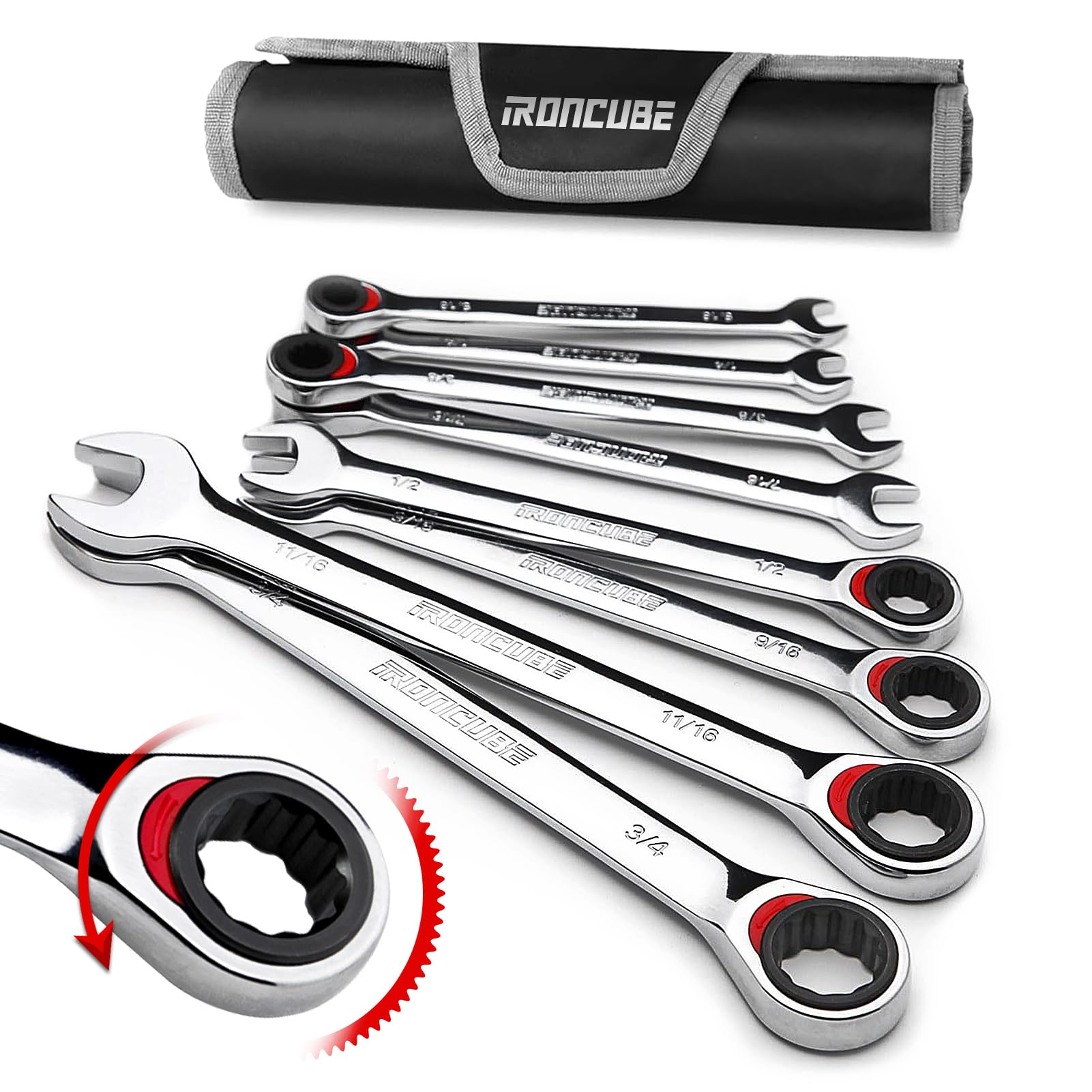 IRONCUBE Ratcheting Combination Wrench Setwith Carrying Bag (8-Piece SAE)