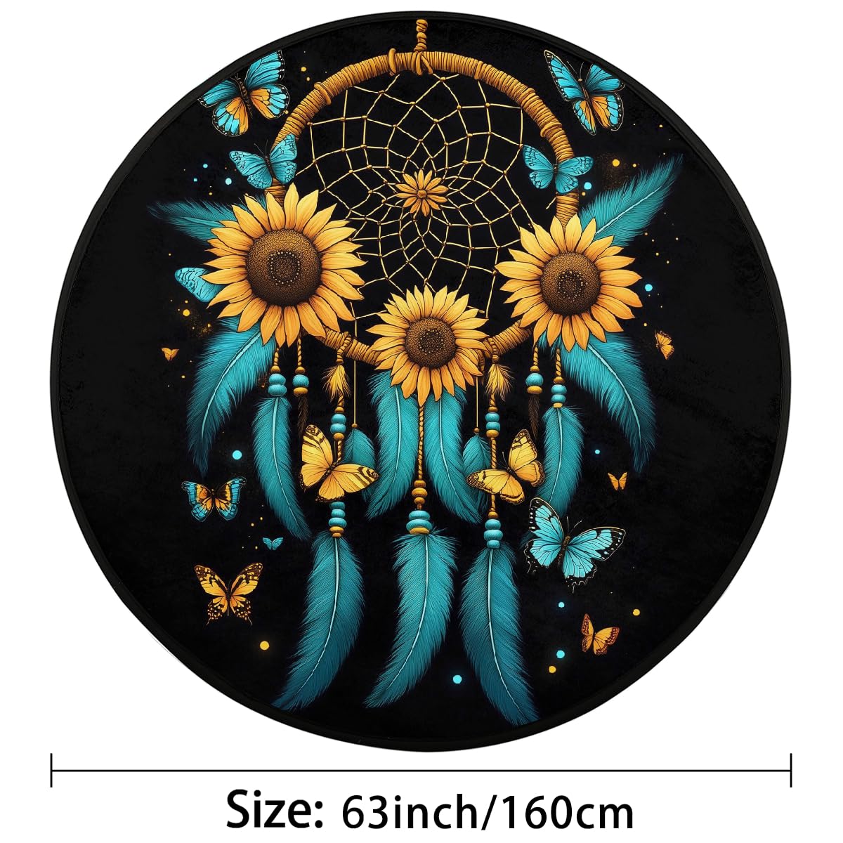 Türkisfarbene Federn, Traumfänger, Sonnenblumen, Teppich, rund, waschbar, Gaming-Teppich für Schlafzimmer, Wohnzimmer, Arbeitszimmer, Bodenmatte, 160 cm