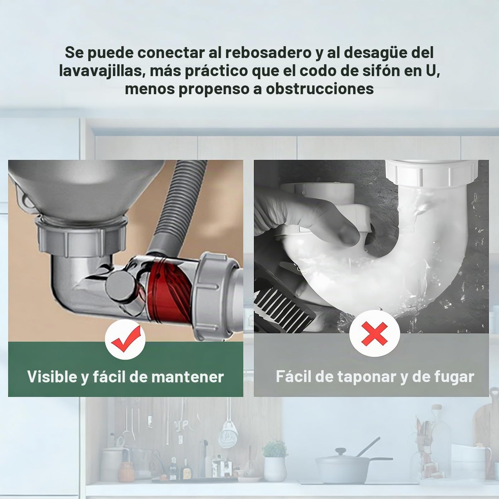 Kit de drenaje de doble fregadero flexible de 1 1/2 pulgadas con válvula de drenaje visual unidireccional, conector de 4 vías para baño, cocina, fregadero, lavavajillas, triturador de basura