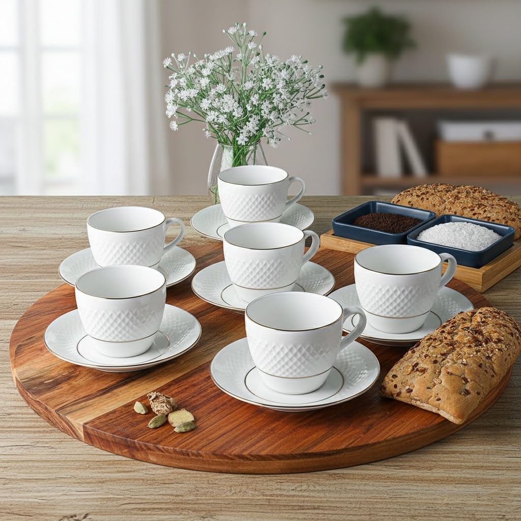 Femora Double Gold LineDiamond Cut White Ceramic Tea Cup with Saucer Set of 12 Pcs, 200 ml | Microwave & Dishwasher Safe | Bone-Ash Free | Crockery Set Ideal for Daily Use & Gifting, White