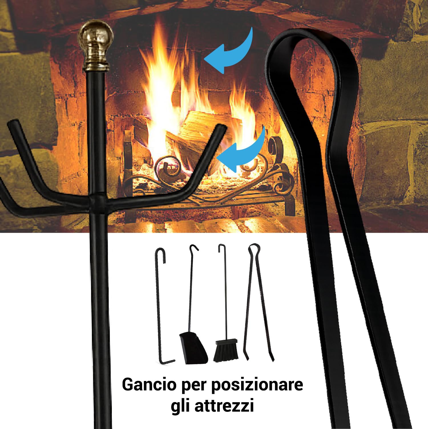 Crisalide® Set Attrezzi Camino in Ferro Battuto, 4 Pezzi - Elegante e Robusto, Strumenti per Caminetti, Pulizia Caminetti (58CM)