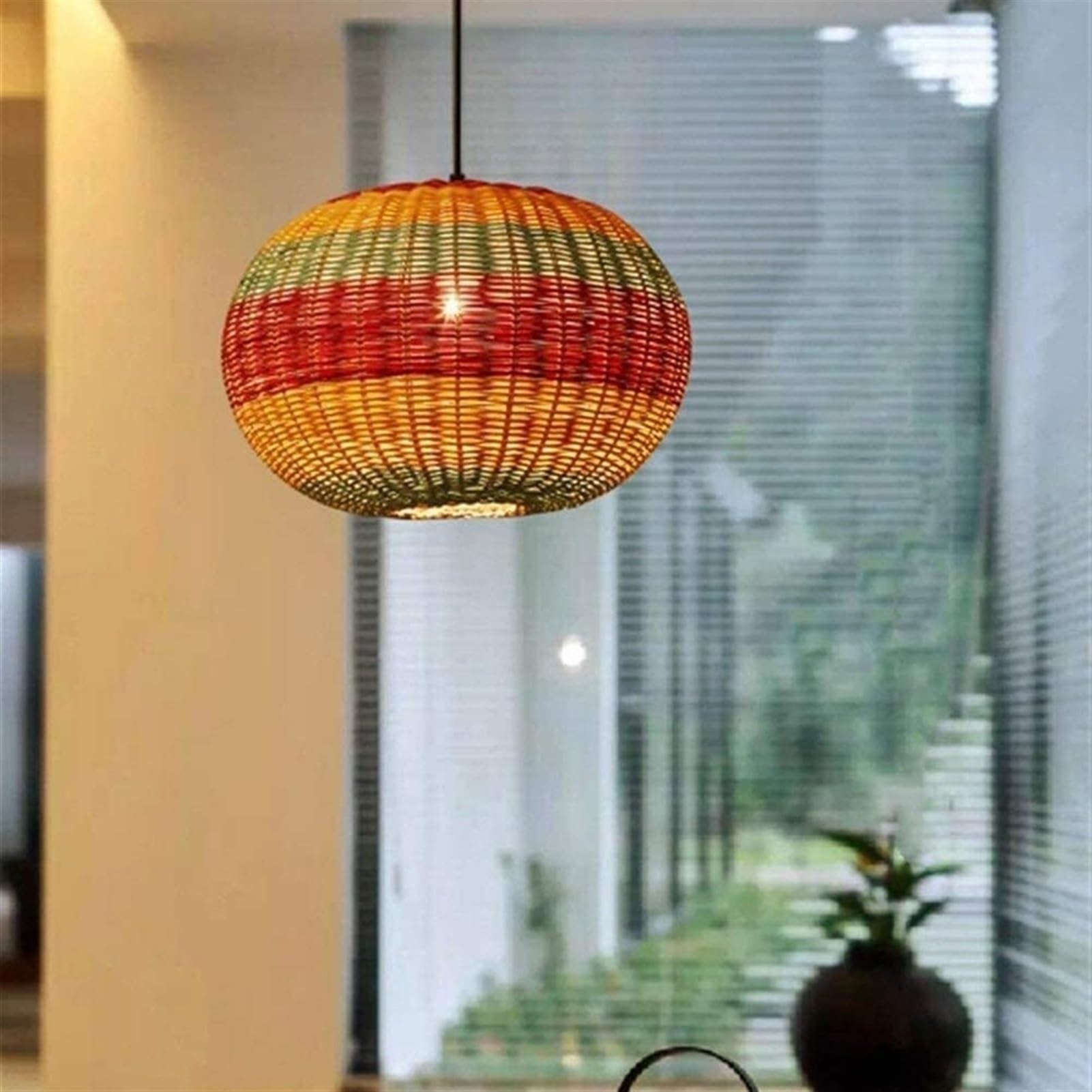 BLOOHK Boho Striped Rattan Pendant Light, Colorful Hand-Woven Wicker Chandelier, Globe Hanging Ceiling Fixture for Kids Room, Kitchen Island, Dining Room