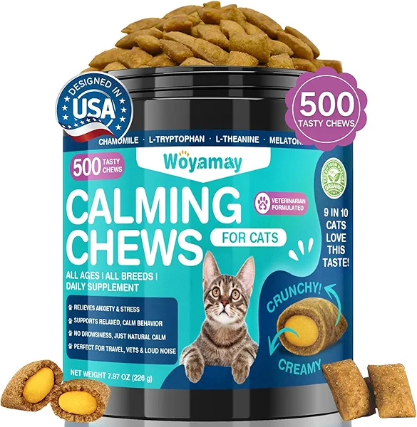 Woyamay Cat Calming Treats, 500 Crunchy & Creamy Calming Chews for Cats, Natural Calming Cat Treats to Manage Stress & Anxiety, Tasty Calm Chews Supplement, Chicken Flavor