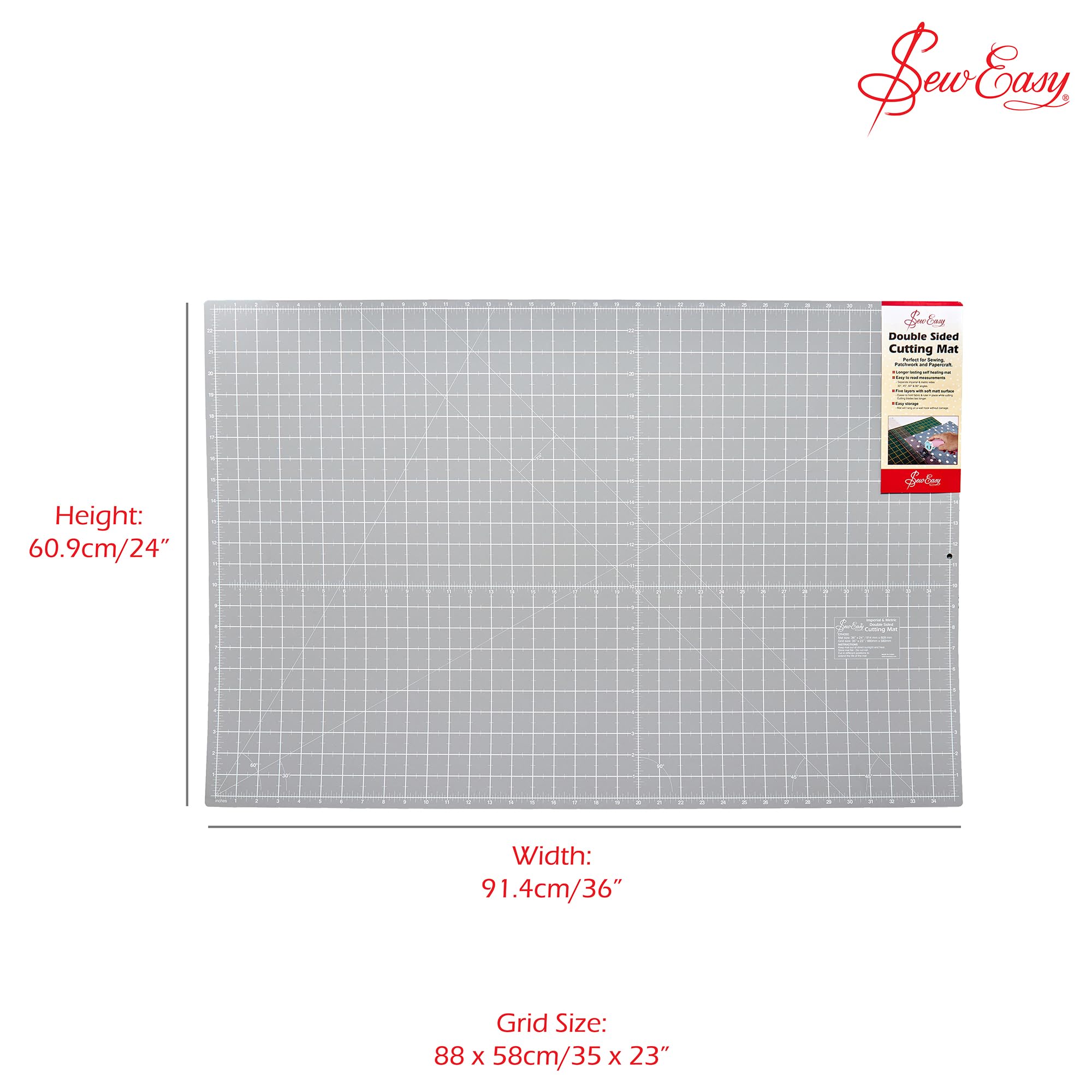 Sew Easy Mata do cięcia, 90 x 60 cm, samoregenerująca się, dwustronna, imperialna i metryczna, do pikowania, szycia, patchworkowego krawiectwa, czarno-szara