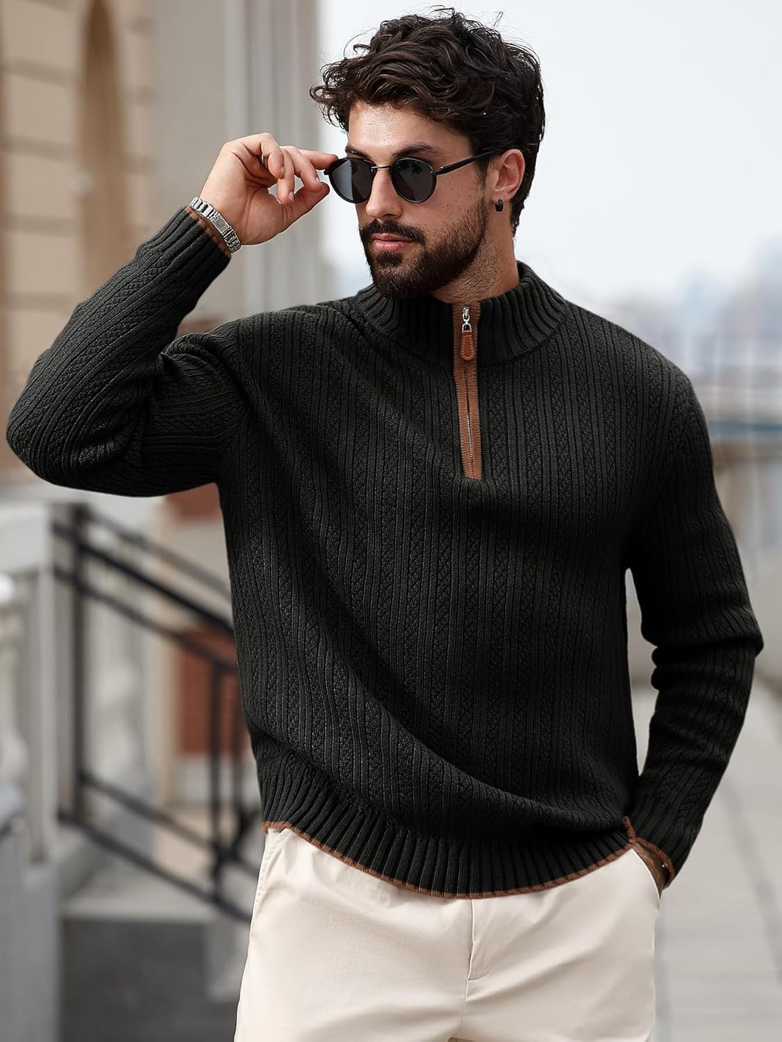 Runcati Mens Quarter-Zip Pullover Sweater Casual Mock Neck Knitted Winter Warm Ribbed Polo Sweaters - Image 3