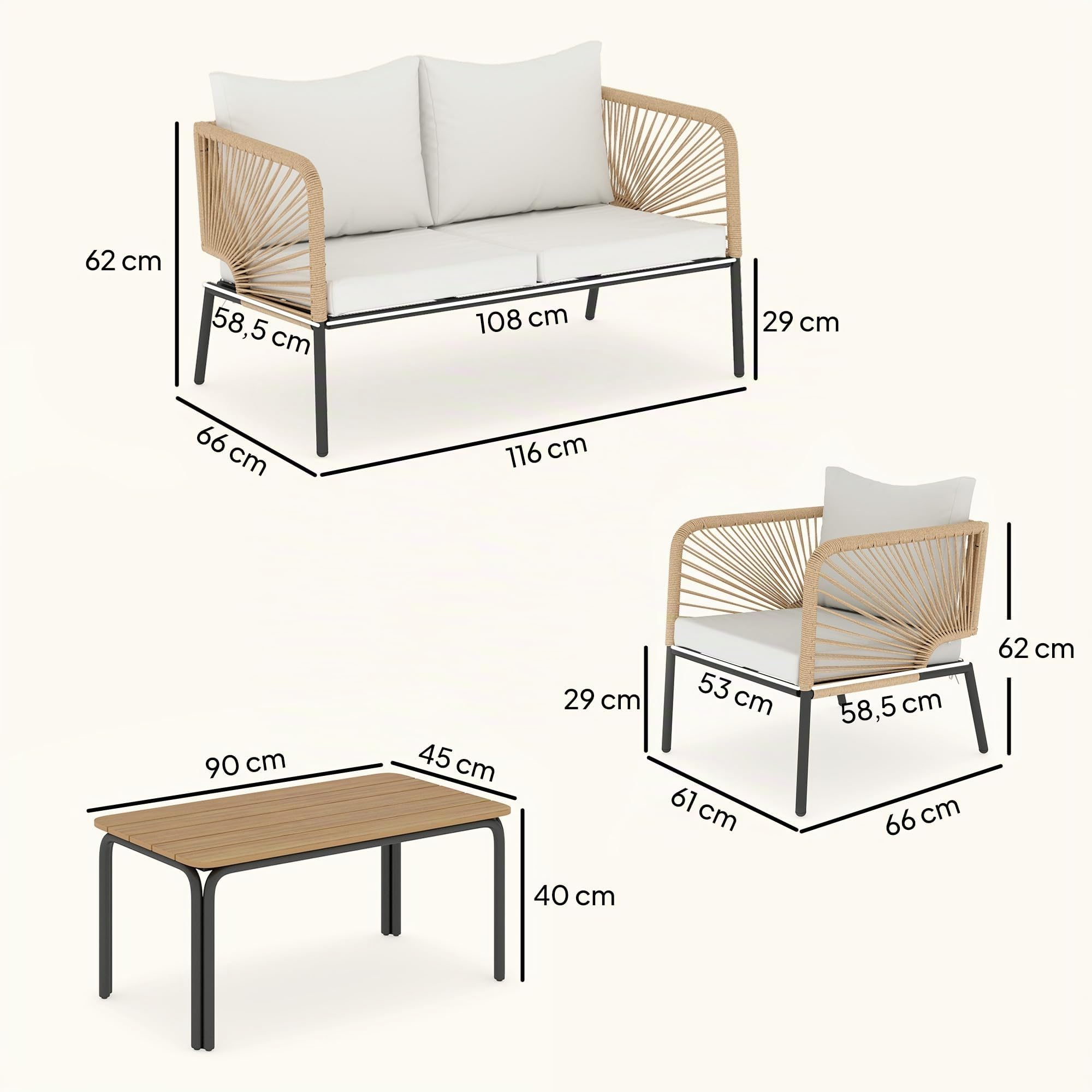 Outsunny Conjunto Jardín Exterior de 4 Piezas con Sofá de 2 Plazas Blanco | 2 Sillones, Mesa de WPC, Ratán PE Tipo Cuerda, Cojines Acolchados, Marco de Metal, para Terraza