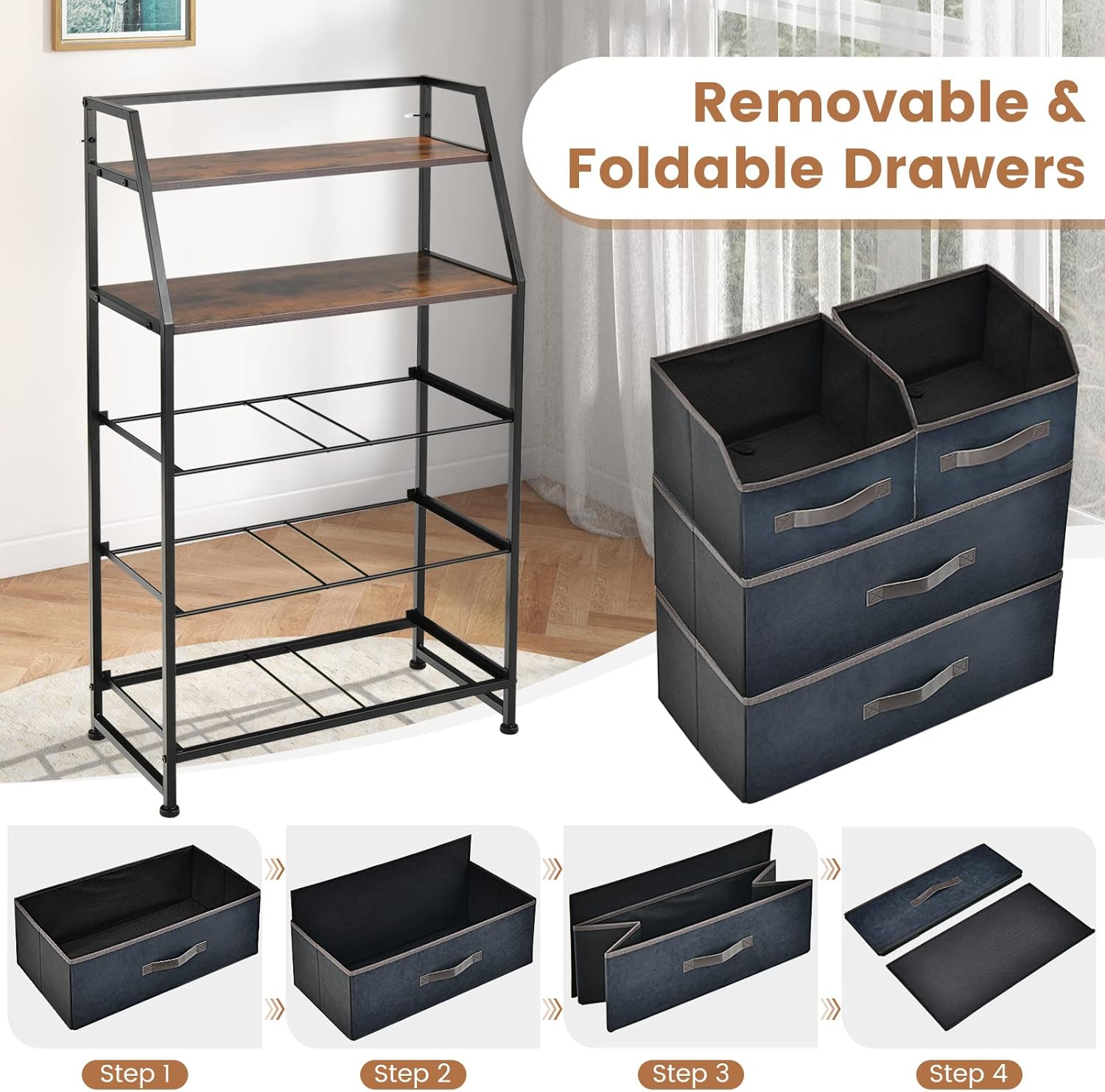 Giantex 4-Drawer Storage Dresser for Bedroom - Tall Storage Tower Unit with 2-Tier Shelf & Fabric Bins, Floor Storage Chest of Drawers for Closet, Living Room, Bedroom, Entryway Storage Organizer