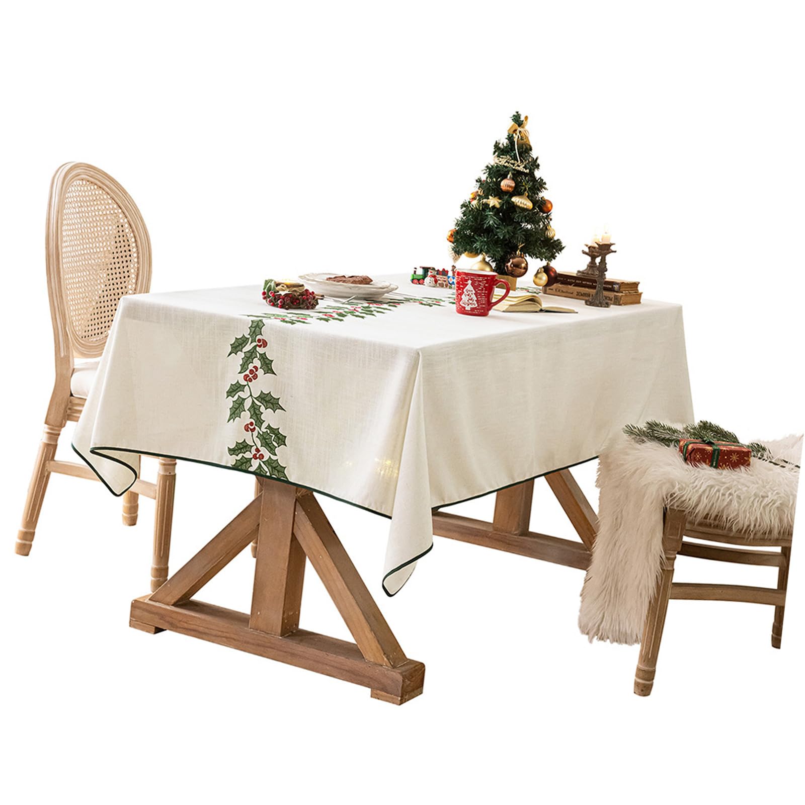Buxuaaaa Christmas Themed Embroidered Tablecloth Polyester Linen Materials Christmas Tablecloth