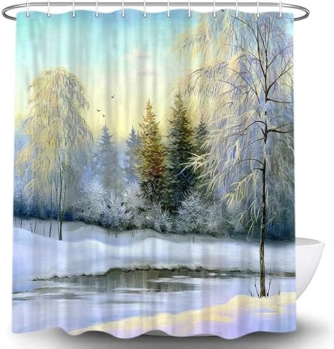 Duschvorhang 180x220 Antischimmel Landhaus Duschvorhang Winterlandschaft, Duschvorhänge Wasserdicht Polyester Stoff Waschbar Bad Vorhäng für Badzimmer badewanne mit 8 Haken C.789