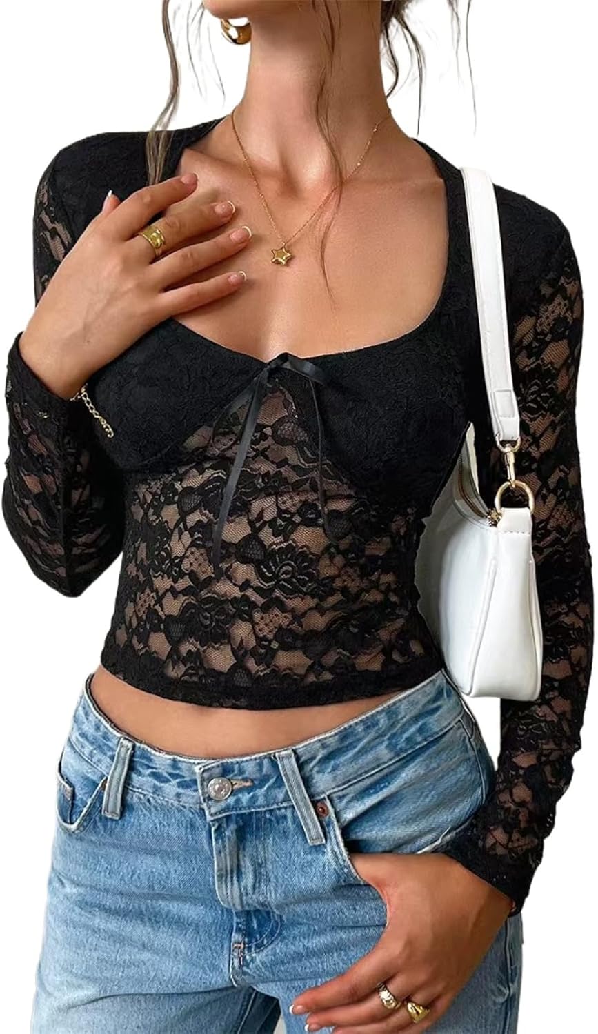 Y2K Lace Tops for Women Long Sleeve Slim Fit Mesh Shirt See Through Sheer Blouse Sexy Low Cut Going Out Crop Tops