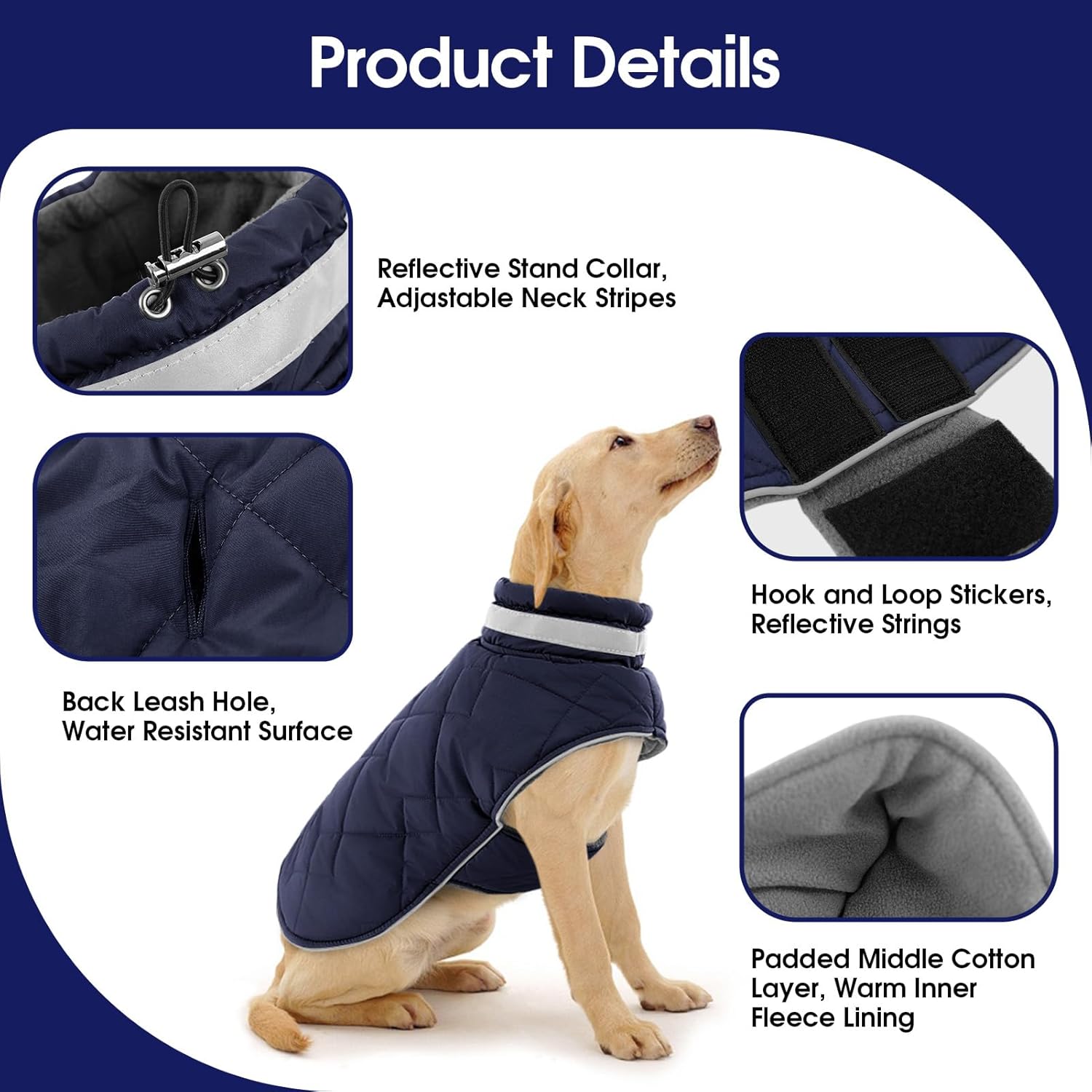 KAMA BRIDAL Dog Winter Coat Warm Padded Puppy Jacket Windproof Water Resistant Clothes for Small Medium Large Pets Christmas Sweater Outfit Vest(DarkBlue, XS) - Image 2