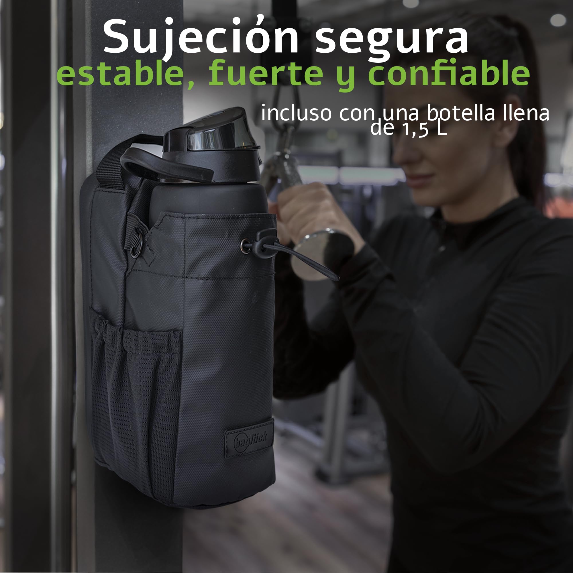 Bolsa Deportiva Magnética para Gimnasio con Soporte para Botella 1,5 L, Correa Ajustable, Negro