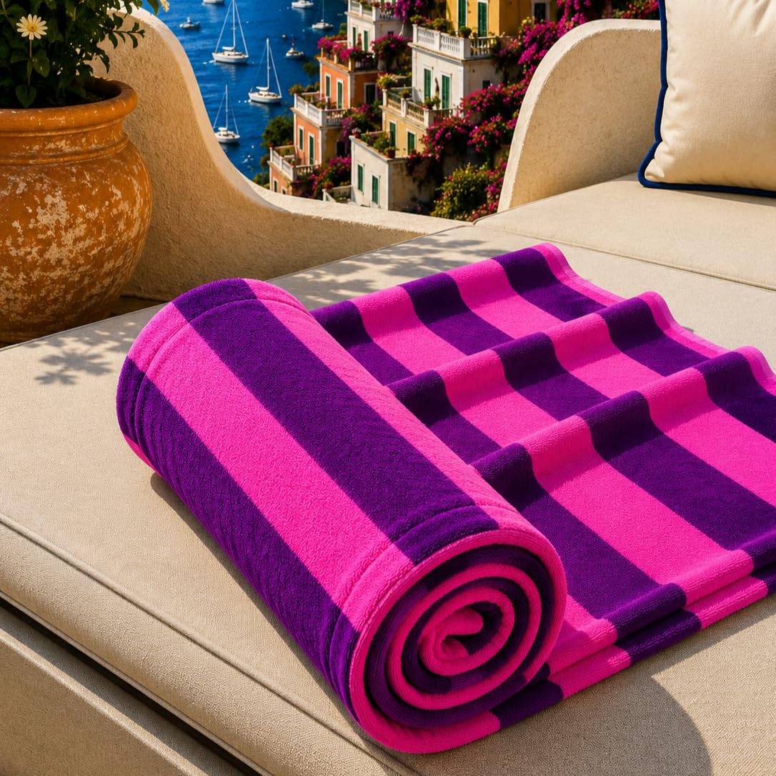 PETTI Artigiani Italiani - Microfibre Beach Towel, Beach or Pool Towel, Beach Towel, Large 90 x 180 cm, Fuchsia Purple Stripes