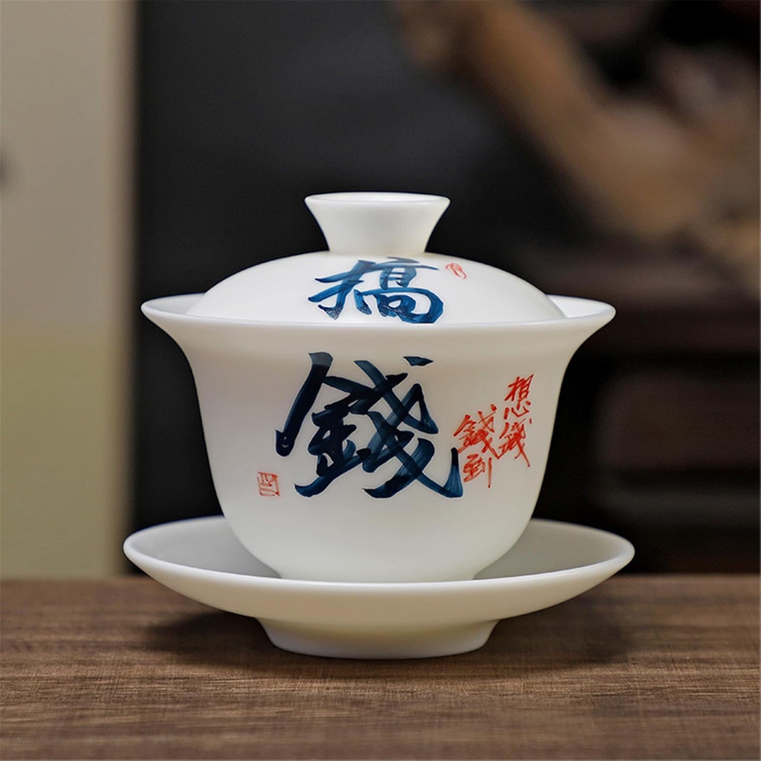 Hand-Painted Blue-and-White Lidded Tea Bowl-style6