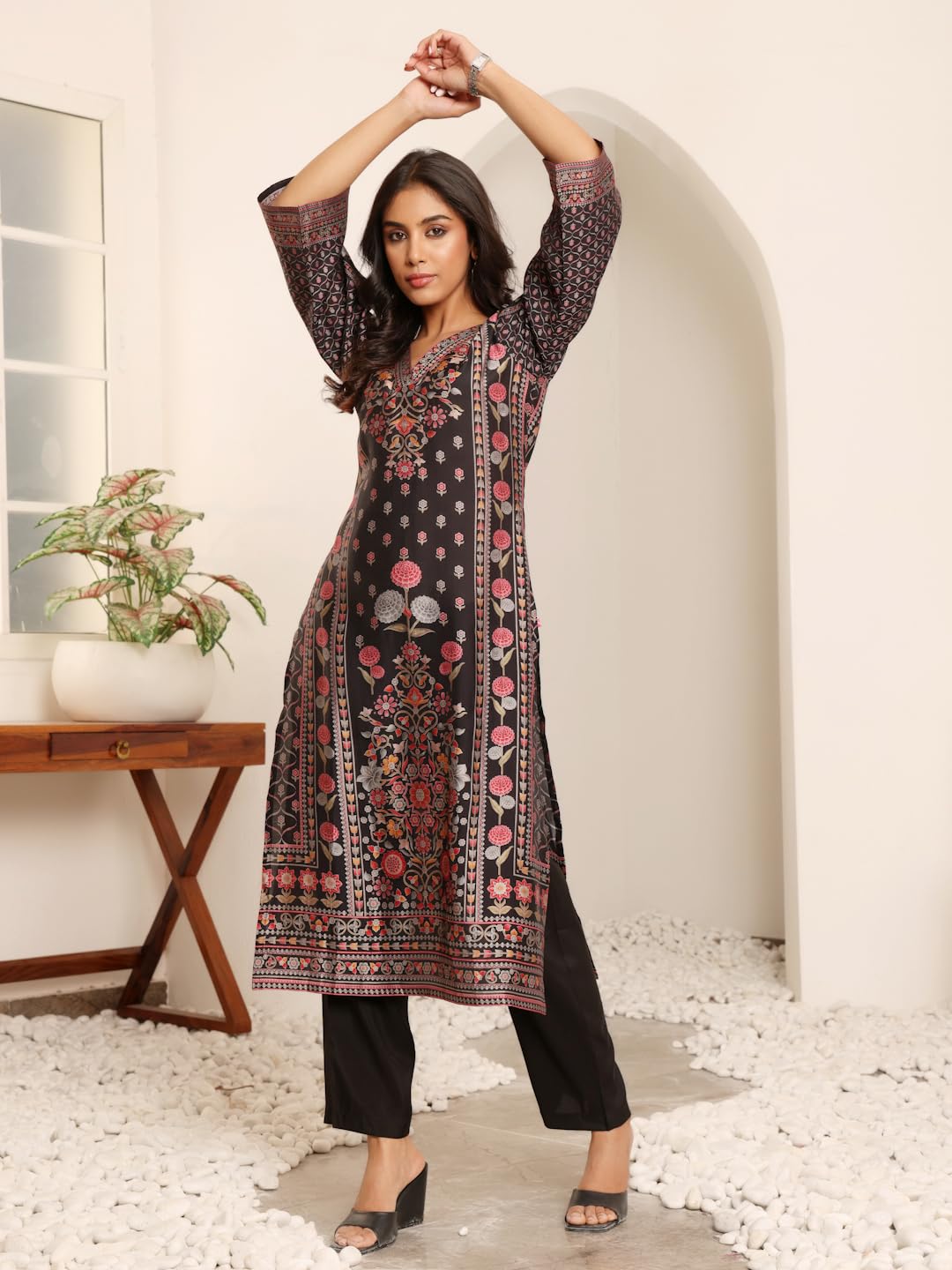 Varanga Women Black Ethnic Floral Printed Kurta With Solid Trouser - Comfortable & Stylish Set For A Chic Look