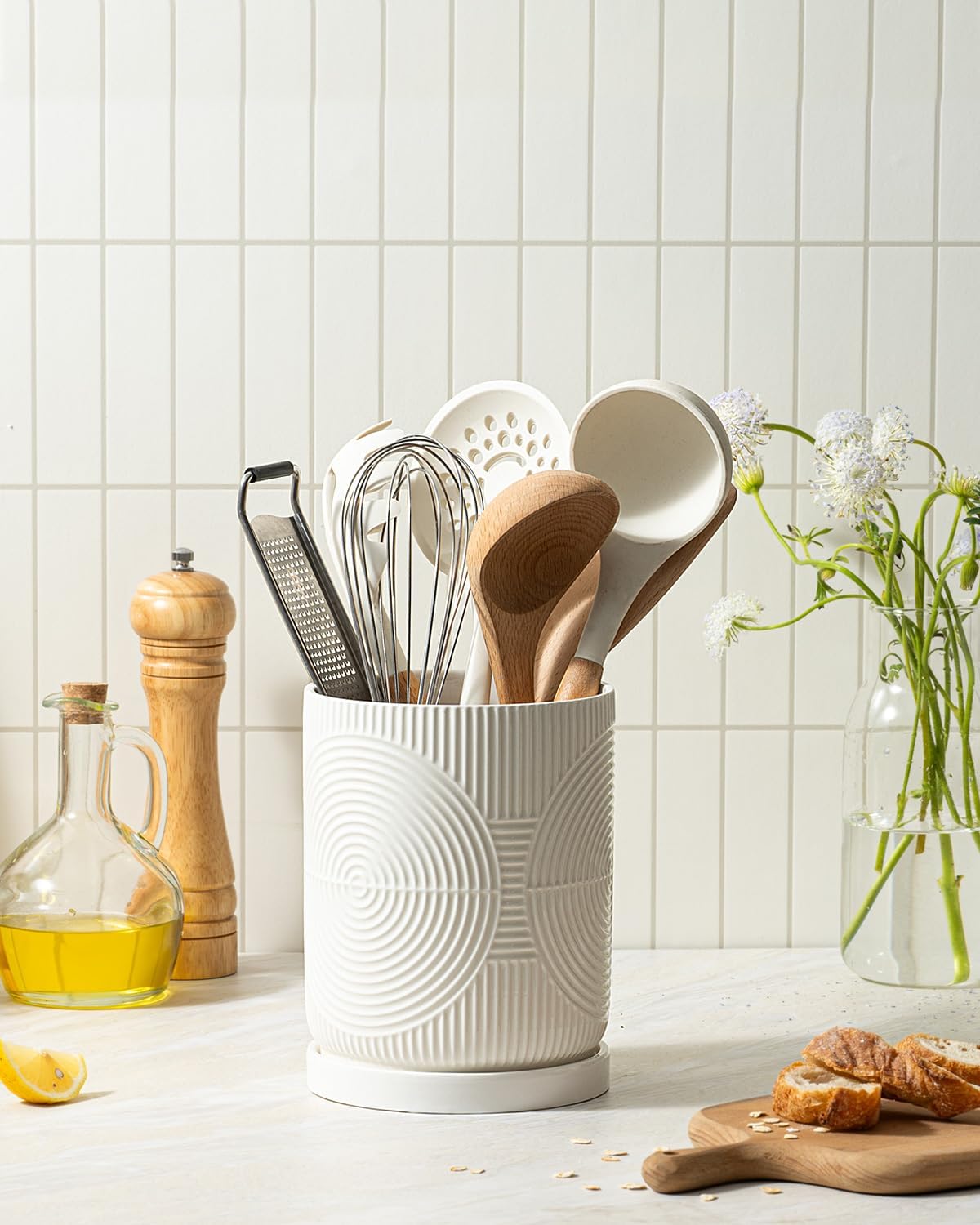 Utensil Holder, 7.2" Kitchen Utensil Holder for Counter, 2-in-1 Ceramic Cooking Utensils Holders with Spoon Rest, Utensil Crock for Spatula, Ideal Housewarming Gift (White)