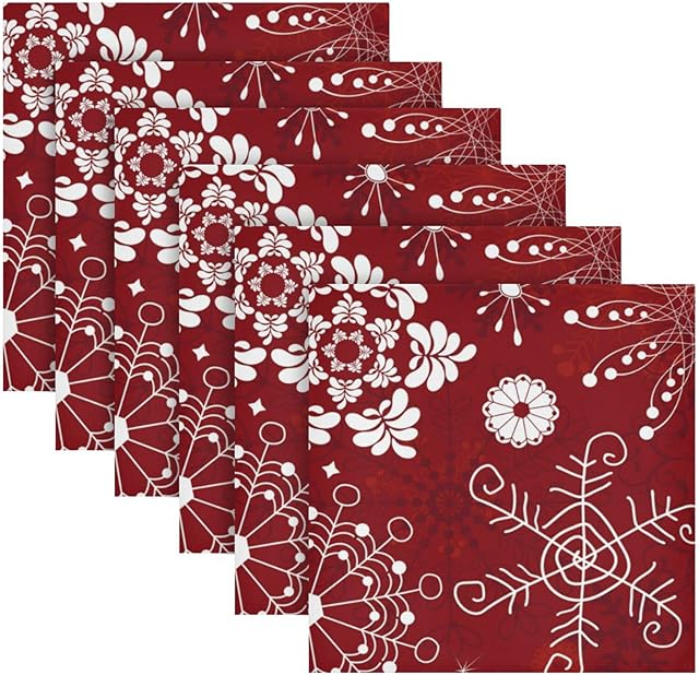 Vintage Christmas Red Snowflakes Cloth Napkin Washable Reusable Polyester Table Napkins Set of 6 for Home Dinner Party Holiday