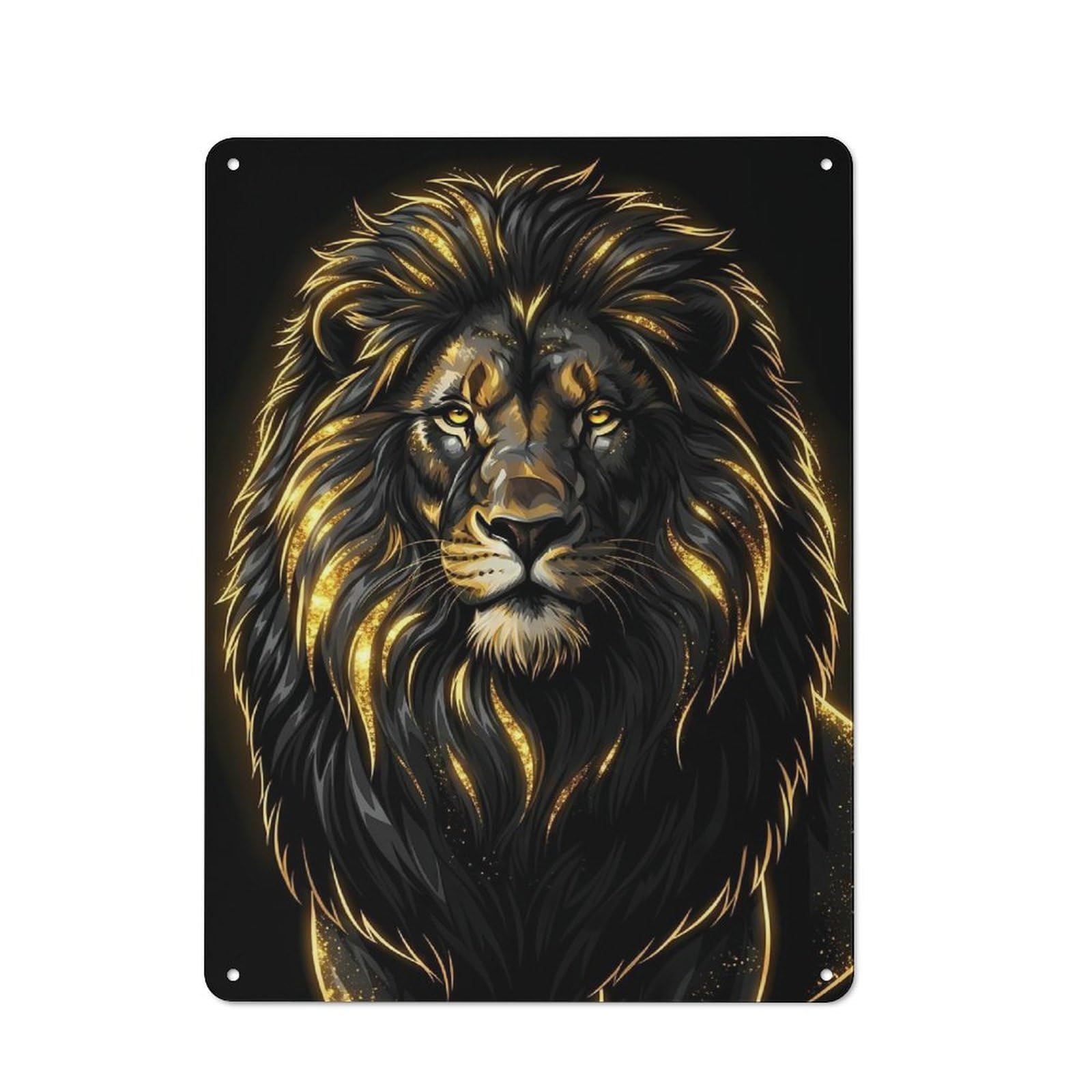 Junmoney Style Workshop Lion With Golden Highlights On Black Tin Sign 40X30cm, Garage Wall Decor For Tool Room, Garage, Studio Or Home Bar