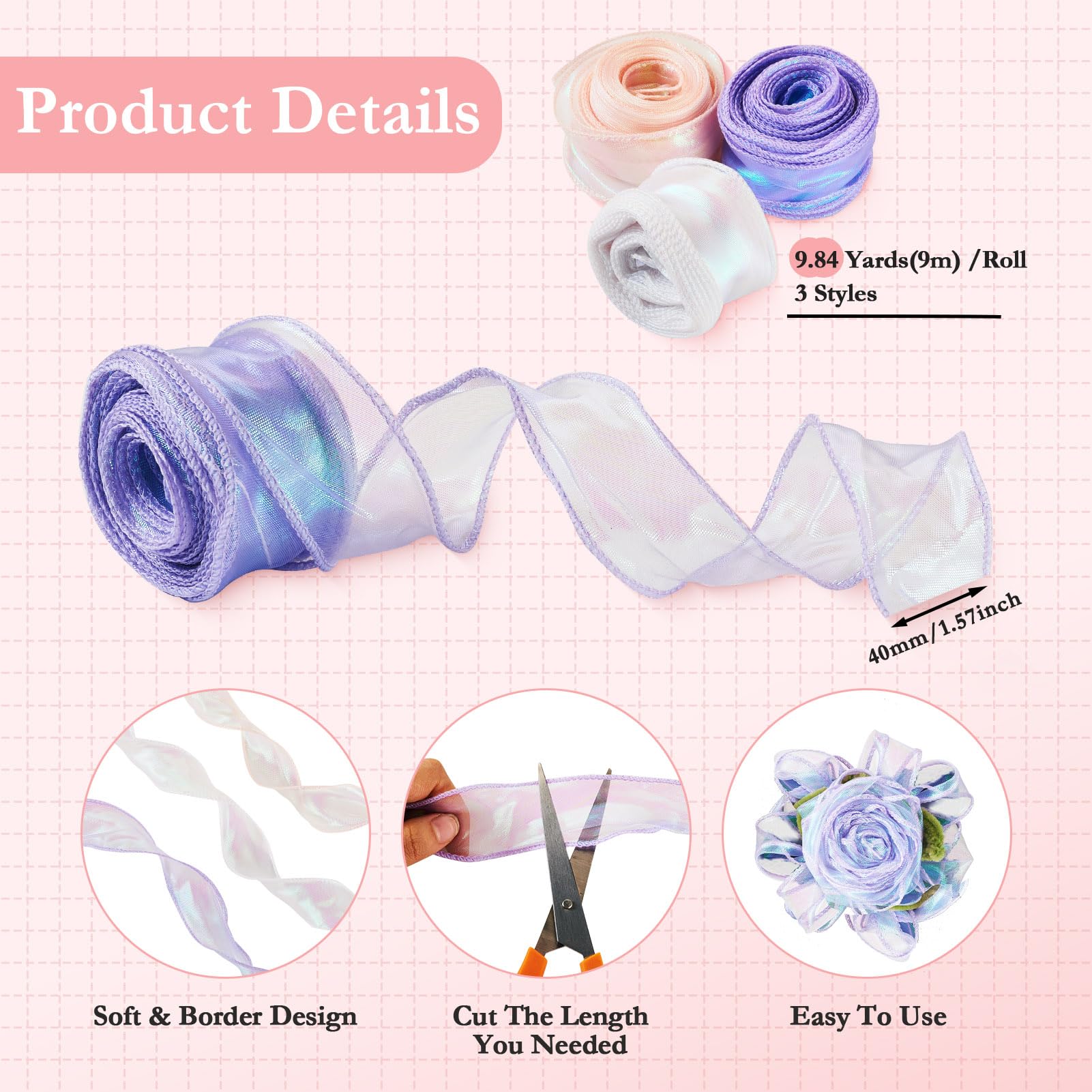 Beadthoven 3 rollen polyester iriserend lint 60 mm sprankelend doorschijnend chiffon lint glinsterend organza lint voor boeketwikkelstrikken kransen decoratie doe-het-zelf ambachten, hemelsblauw