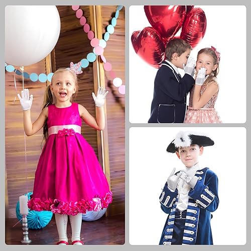 Miniatura 5 de Hicarer 6 pares de guantes de satén blanco para niños, guantes de disfraz de Halloween, guantes de satén elásticos para niños, guantes formales de