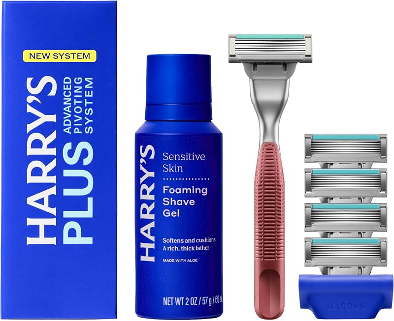 Plus Kit de afeitado para hombres - 5 cartuchos de cuchillas de afeitar, gel de afeitado de 2 oz | Incluye mango premium y funda para cuchilla de viaje - Elementos básicos de viaje aprobados por la TSA - Sistema de giro avanzado - Arcilla