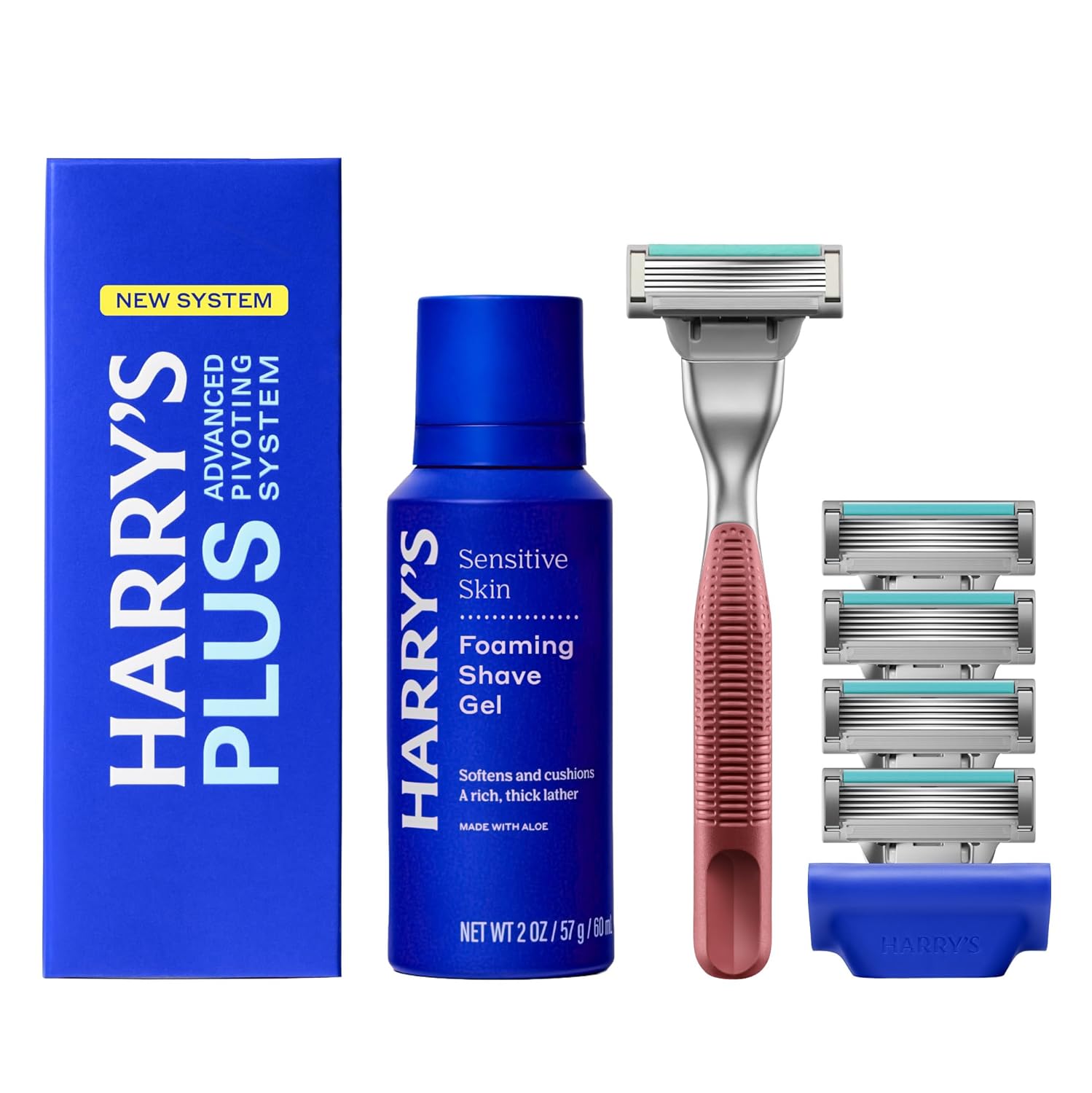Harry's Plus Starter Shaving Kit for Men - Premium Clay Handle, 5-Blade Cartridges, Foaming Gel & Travel Cover, Advanced Pivoting Razor
