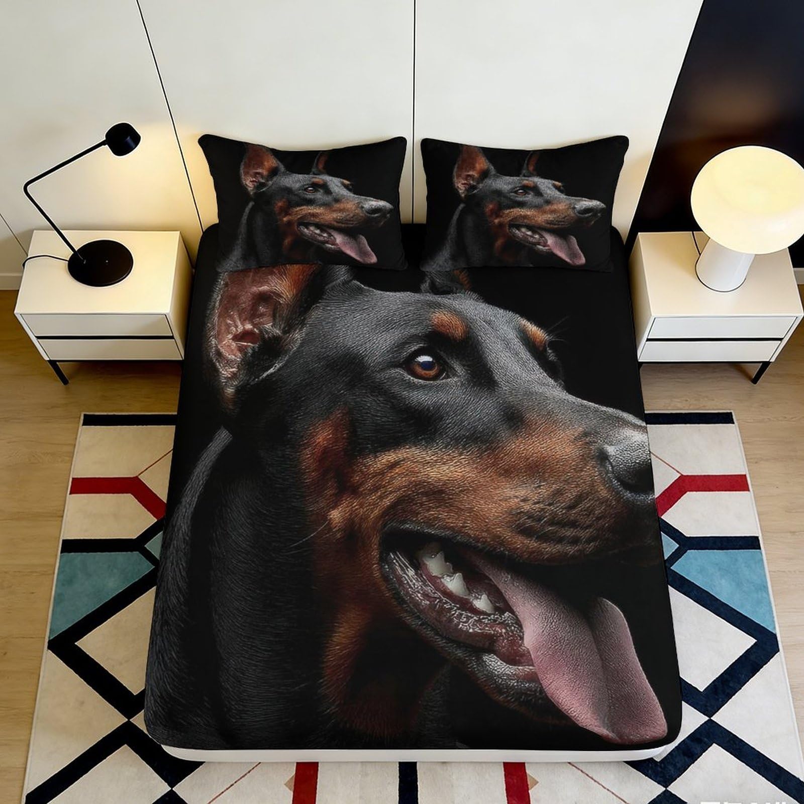 3D Printed Doberman Fitted Sheet Microfiber Soft Black Dog Bed Cover for Bedroom Guest Room Mattress Protection Decor 90x200x25cm