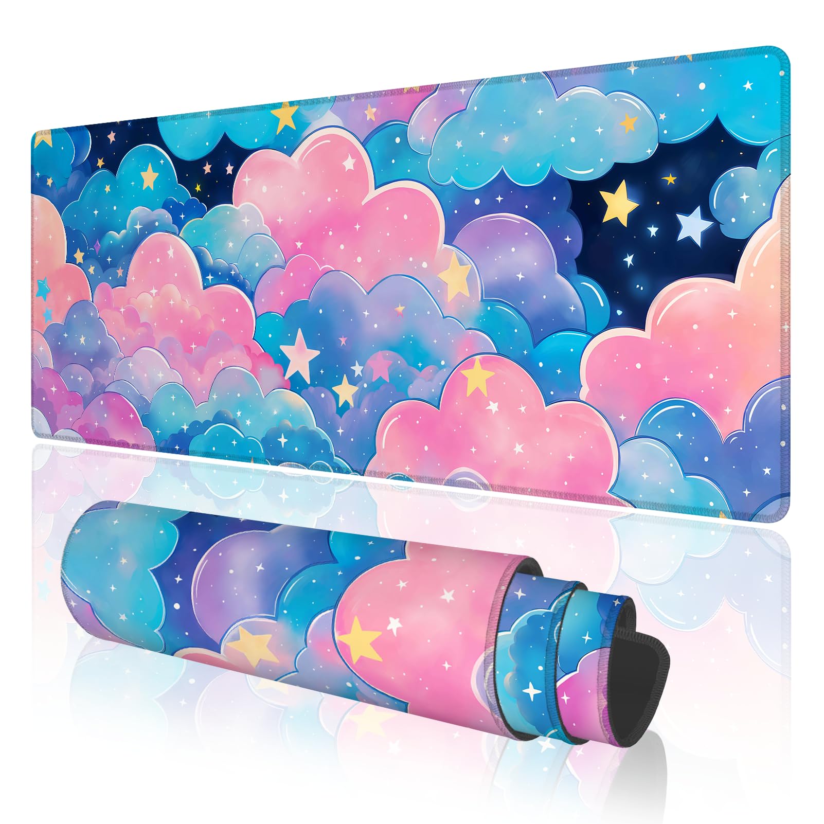 TOXXU Pink Cloud Large Gaming Mouse Pad with Anti-Slip Base for Keyboard and Mouse, Kawaii Colorful Clouds Extended XL Mousepad for Girl, Cute Desk Mat with Stitched Edges for Desk, 31.5 x 11.8 in