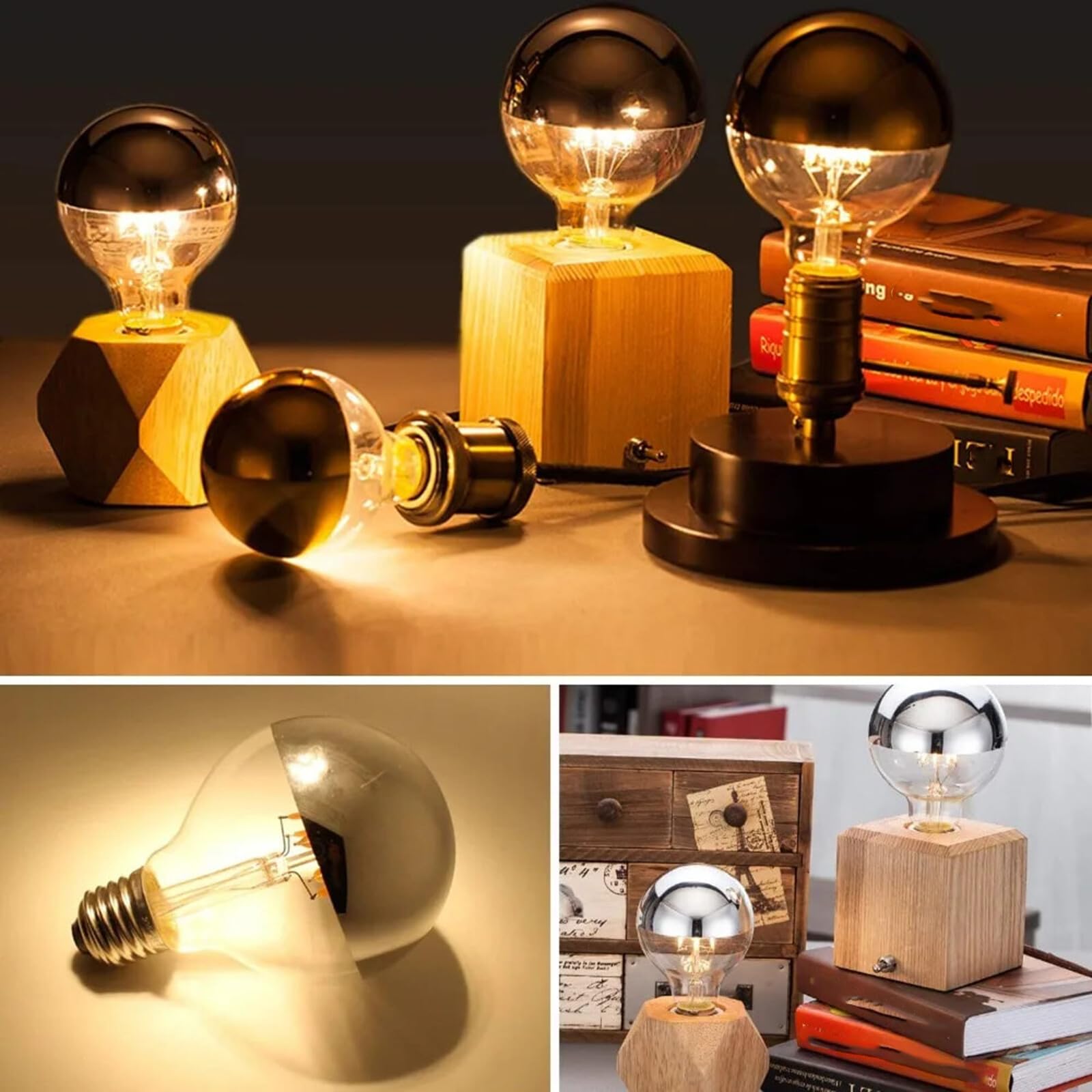 Bombillas LED G80 de espejo plateadas E27 7 W estilo retro Edison 2700 K blanco cálido con tapa plateada y medio cromado (paquete de 6)