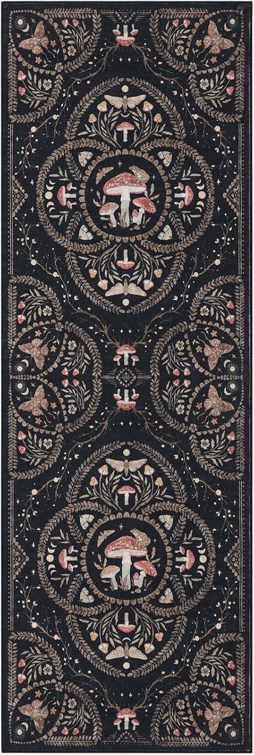 Garvee Mushroom 2x6 Runner Rug for Hallway, Dark Academia Gothic Rugs, Non Slip Washable Low Pile Kitchen Carpet with Rubber, Bug Entryway Rugs Stain Resistant for Bedroom Laundry Room, Black