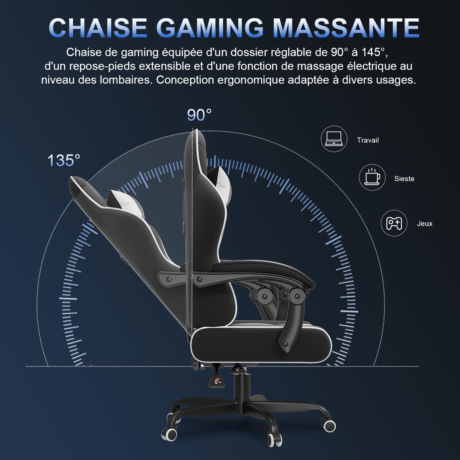 JUMMICO Chaise Gaming avec Massage Lombaire, Chaise Bureau Ergonomique avec Dossier Inclinable, Fauteuil Gaming avec Assise Douce et Résistante, Idéale pour Jeux et Boulot, Blanc