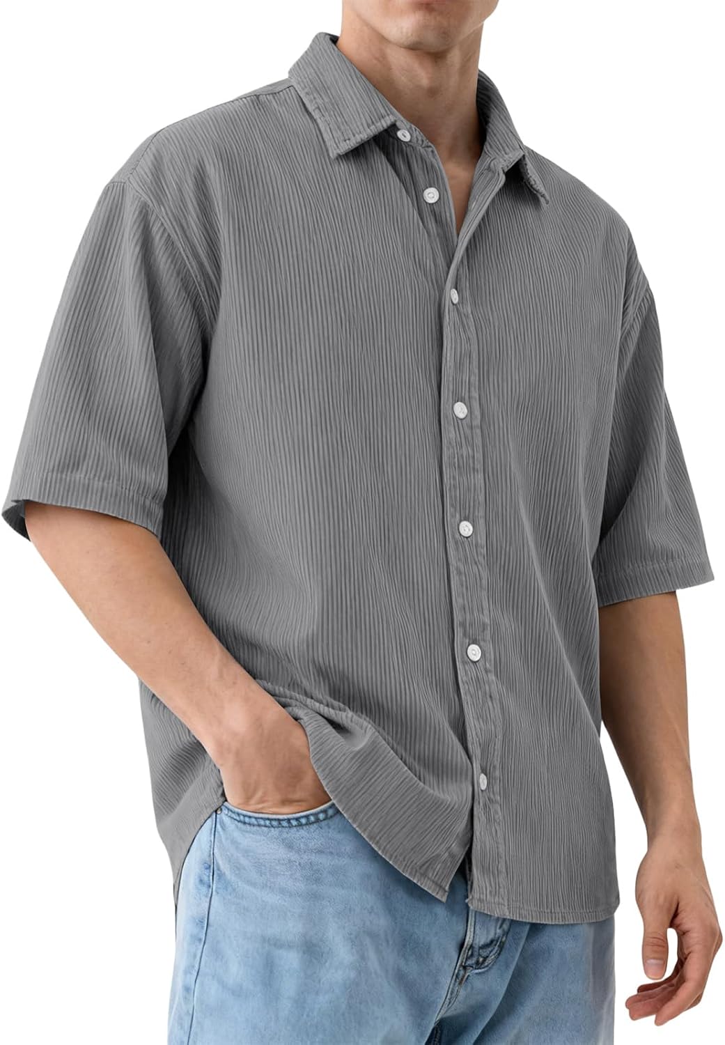 RTRDE Men's Button Down Shirts Short Sleeve Soft Corduroy Summer Casual Vacation Dress Shirts