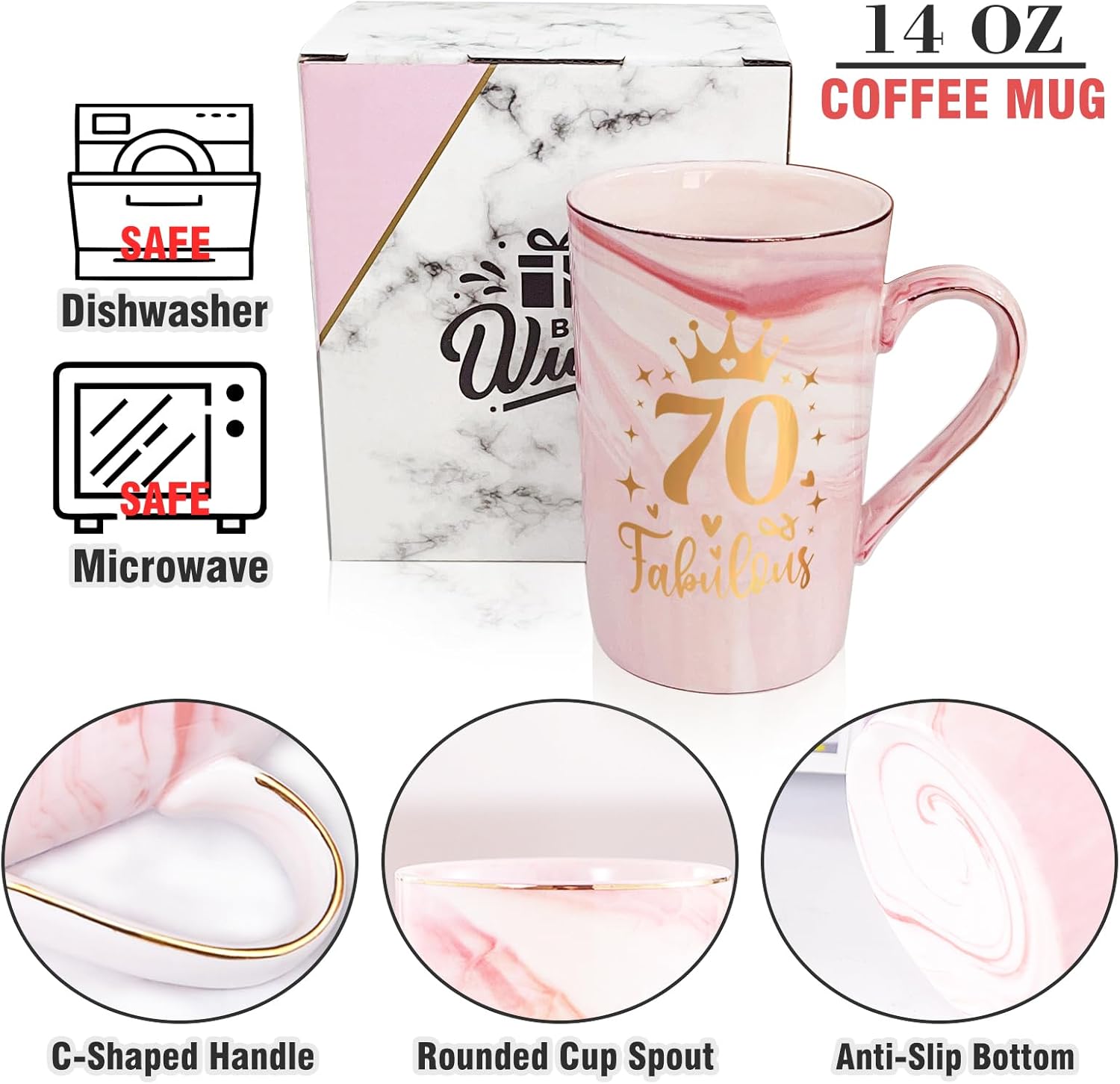 70th Birthday Gifts Women 70 Years Old Fabulous Funny Seventy Birthday Coffee Mugs Cup Ideas for Mom Sister Female Coworker Friend, 14Oz Pink - Image 3