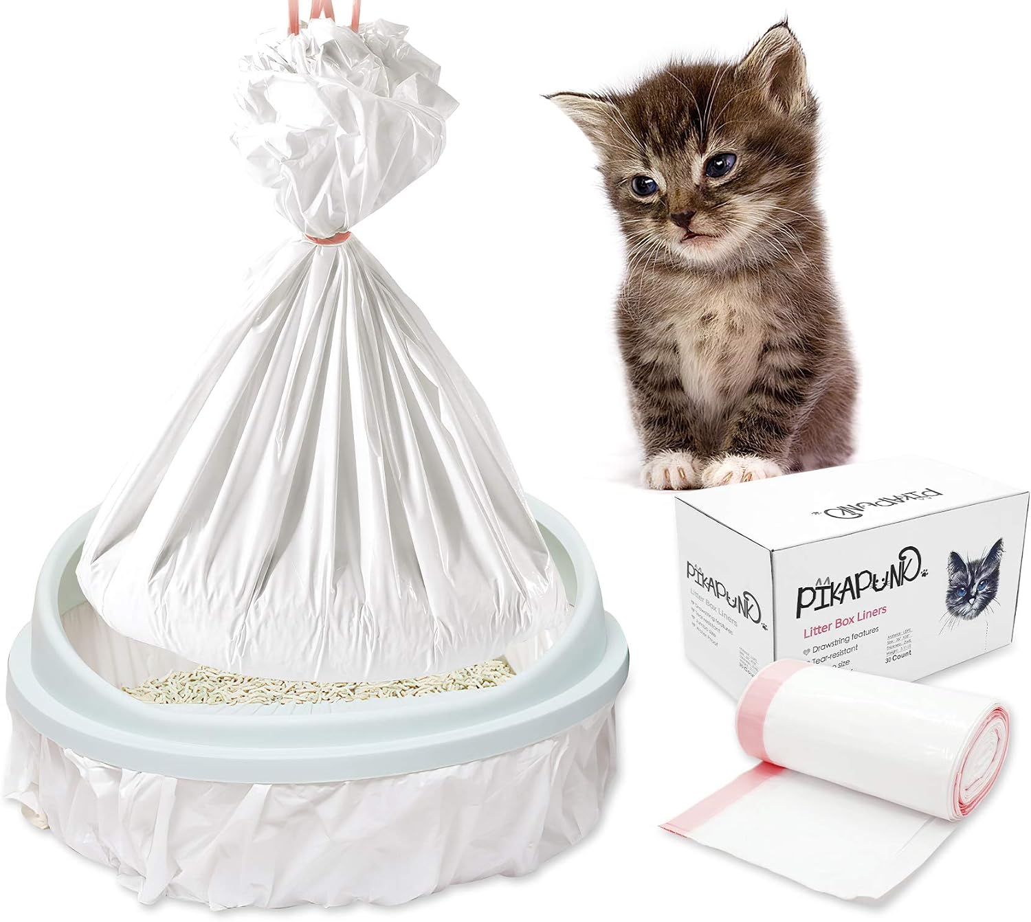 PIKAPUNK Cat Litter Box Liners 30 Count Jumbo Size Litter Liners Drawstring Pet Waste Bags Trash Bags Scented Cat Litter Liners Scratch…