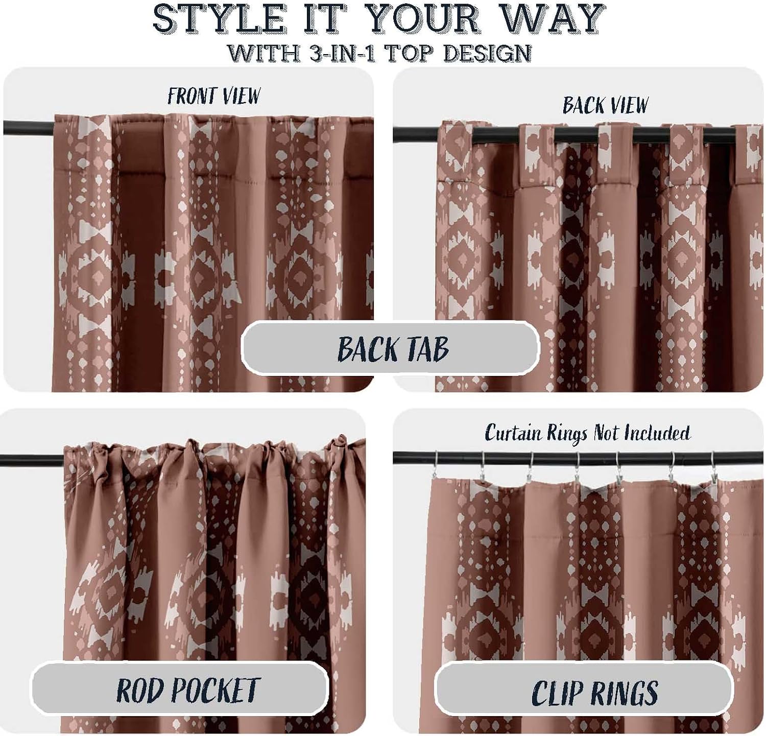 Cotton Curtains for Windows - 3-in-1 Rod Pocket/Back Tab Short Window Drapes - Light Filtering Cotton Canvas Panels - Set of 2, 52"x63" - Ikat Print (Brown)