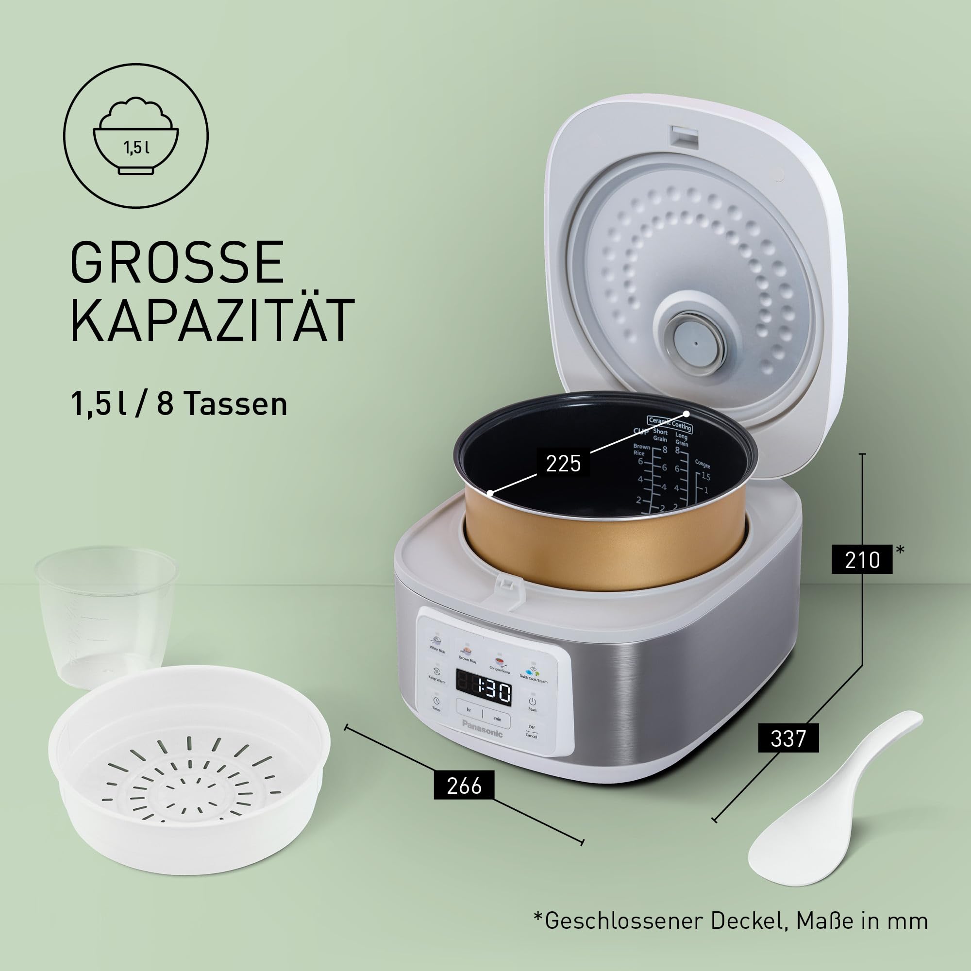Panasonic SR-DA152WXE Automatischer Reiskocher mit Dampfgarer, 1,5 Liter (8 Tassen), Fuzzy-Logik, Wasserverhältnisanzeige, BPA-frei, Warmhalten, Startverzögerung, spülmaschinengeeignete Teile, weiß