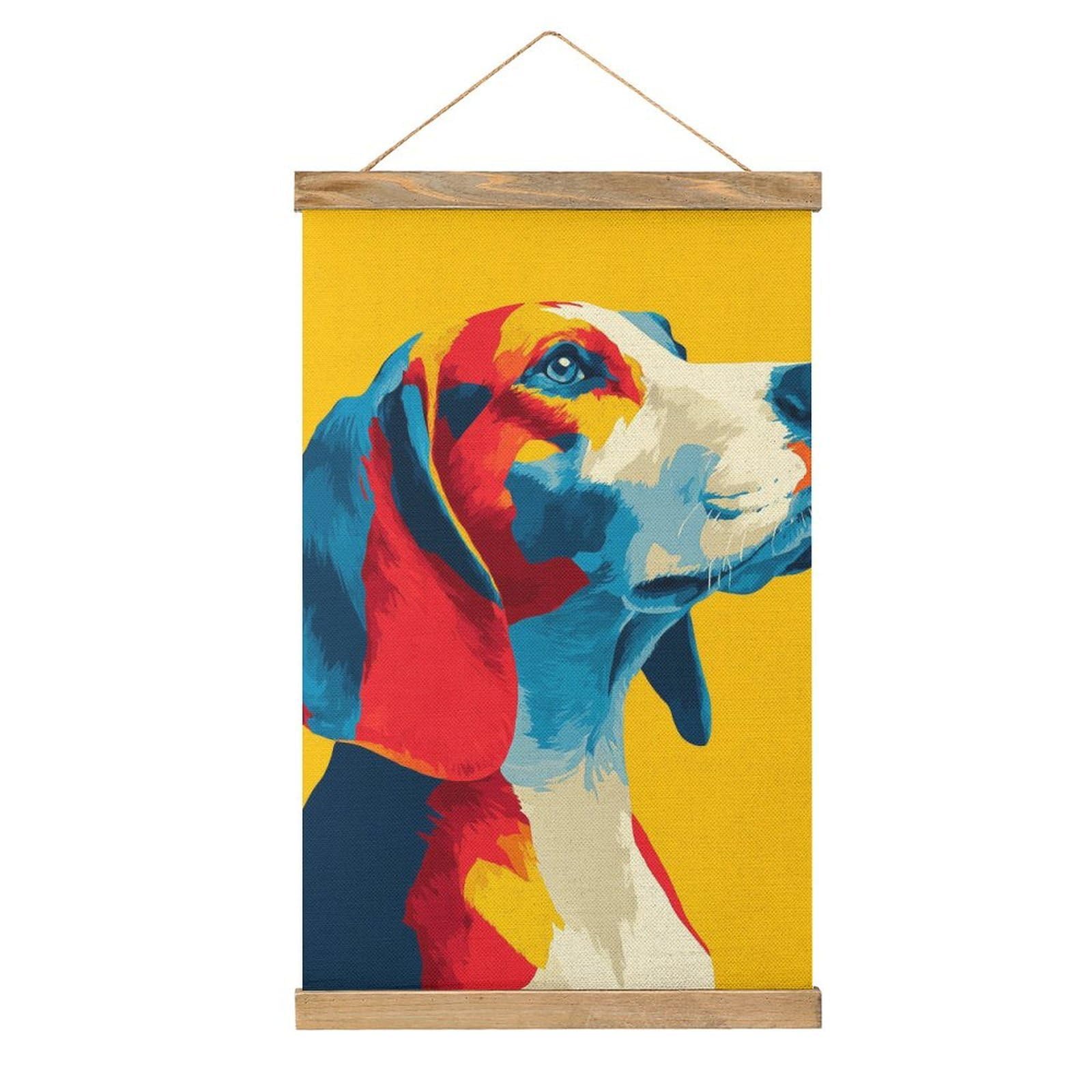 Jubonexis Stylized Dog with Long Ear on Yellow Canvas Painting Wood Frames Poster Hanger Hanging Picture Kit Wall Art