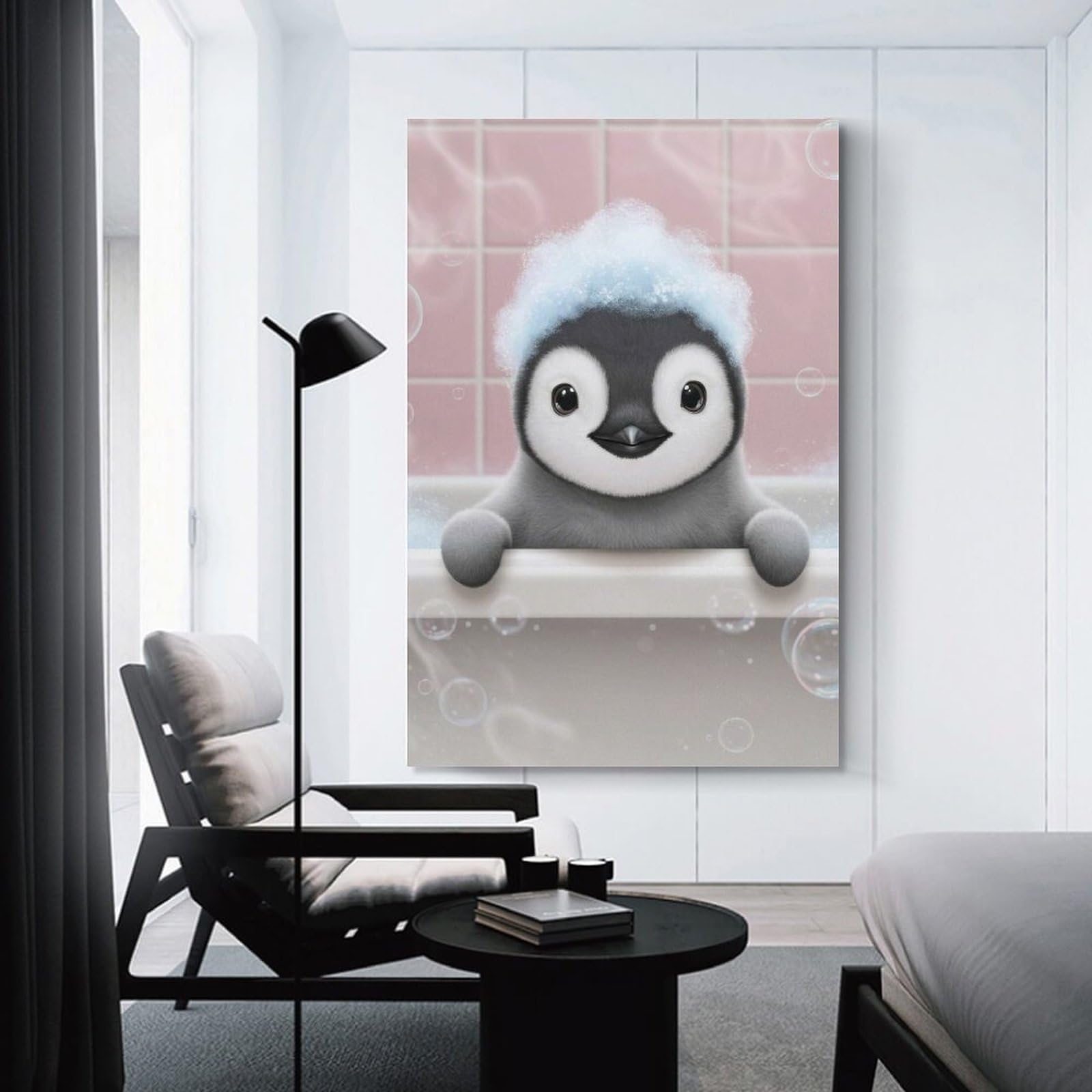 Junmoney Unframe-Style-18 Cute Penguin Taking A Bubble Bath Canvas Wall Picture, 16X24inch(40X60cm), For Study, Office Or Focused Interiors, Home Office Artwork With Decorative Appeal