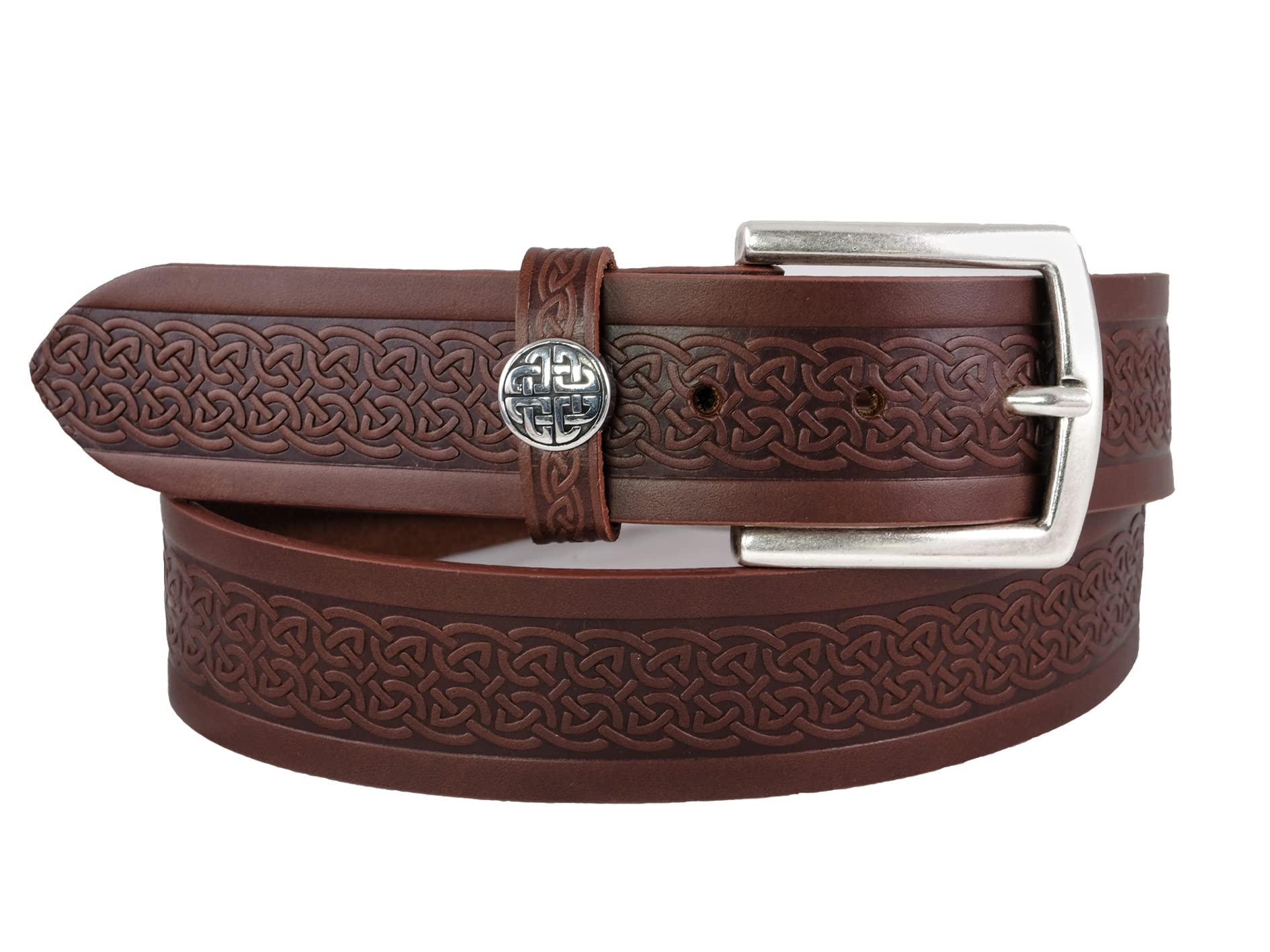 Biddy MurphyMen's Italian Leather Embossed Belt, Irish Celtic Design, Imported 1.5 Inch