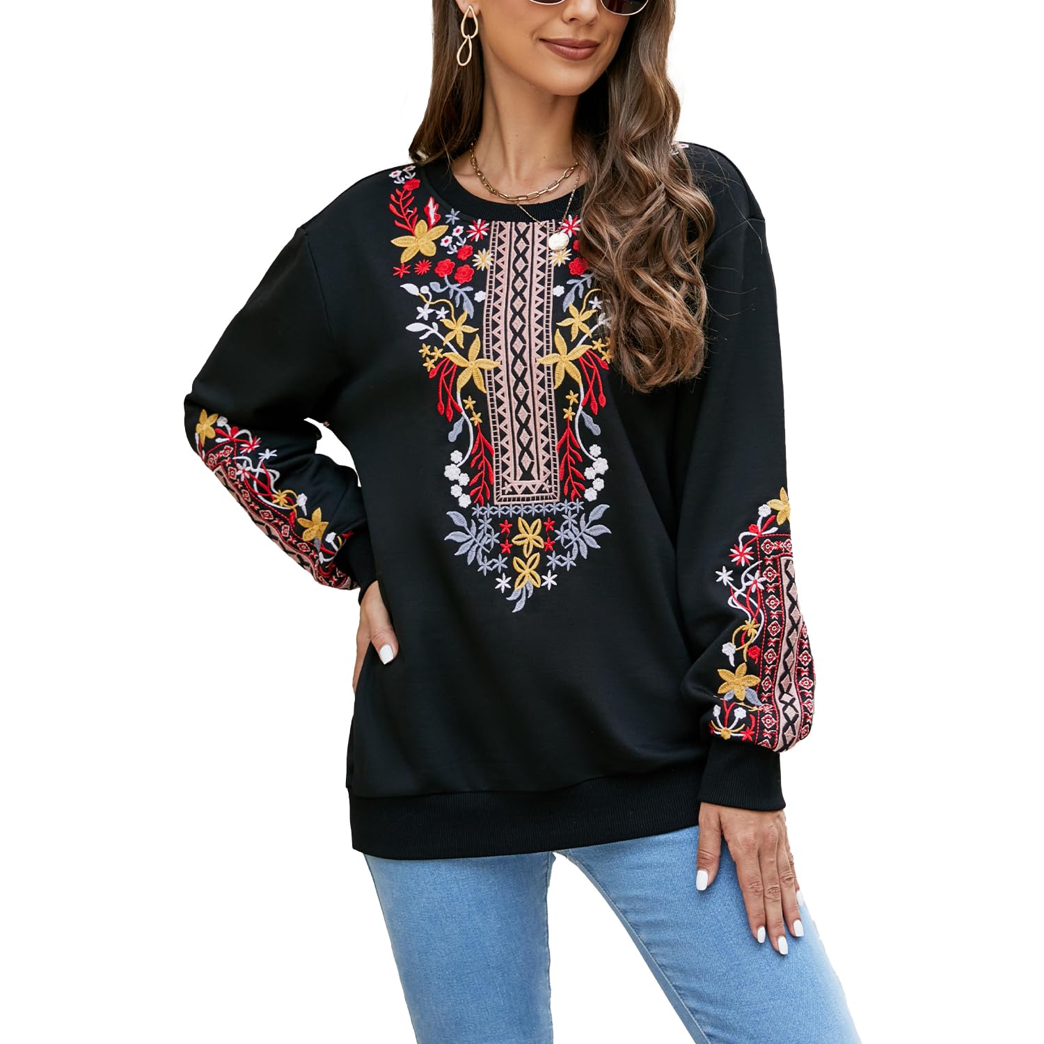 Damen Sweatshirt Langarm Winter Rundhals Pullover mit Stickerei Casual Oberteile Tops