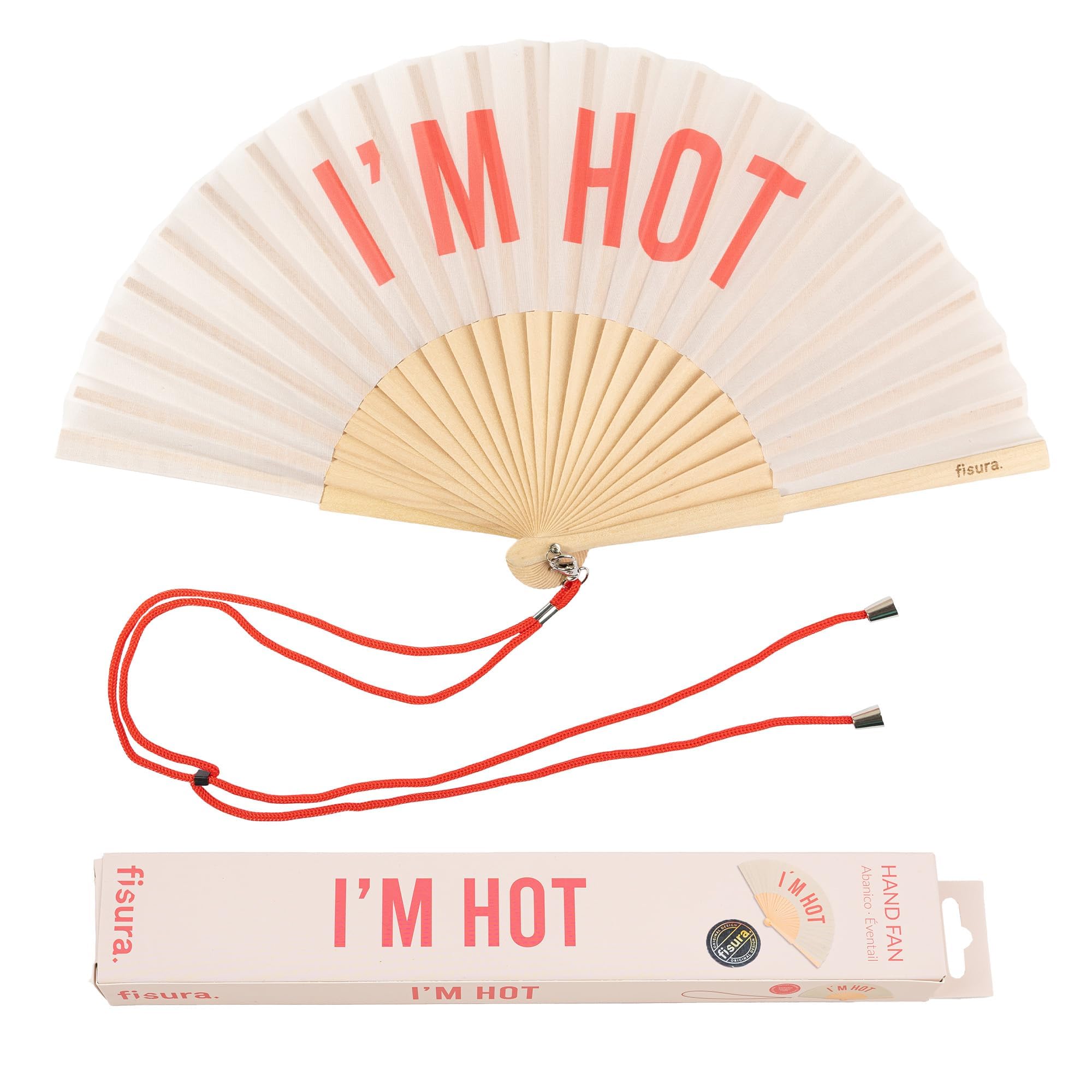 Fisura - Original Handheld Folding Fan with Message in English. Funny Wooden Fan. Original Holding Hand Fans. Birthday Gifts Wedding Party Decoration (Hot, Black) (I'm hot, Beige and red)