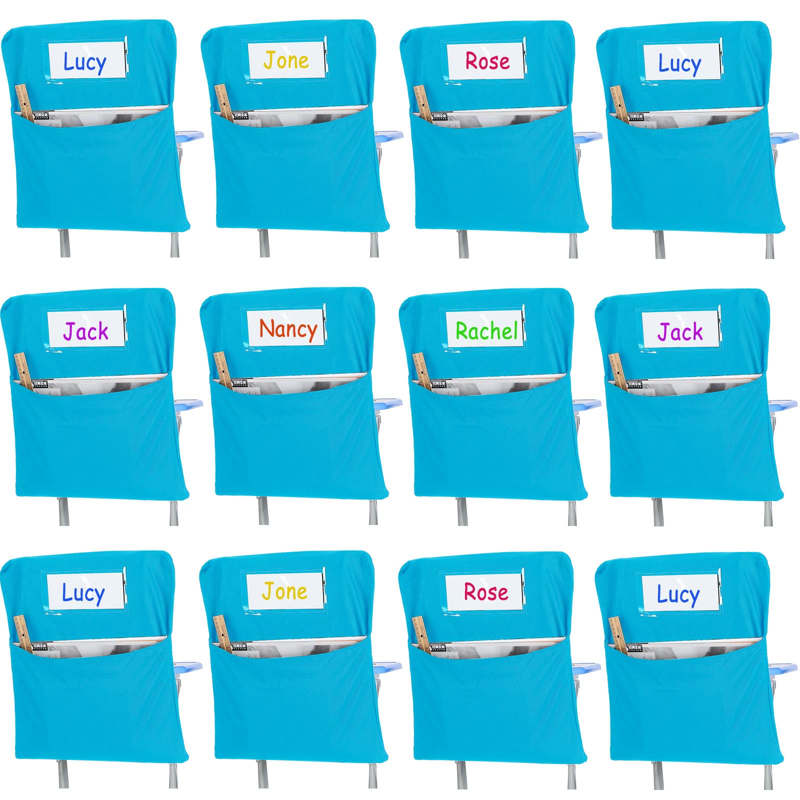 Maitys 12 Pcs Light Blue Canvas Chair Pockets for Classrooms 17 x 20 Inches Durable Large Students Chair Bags with Name Tag Seat Pocket for Keeping