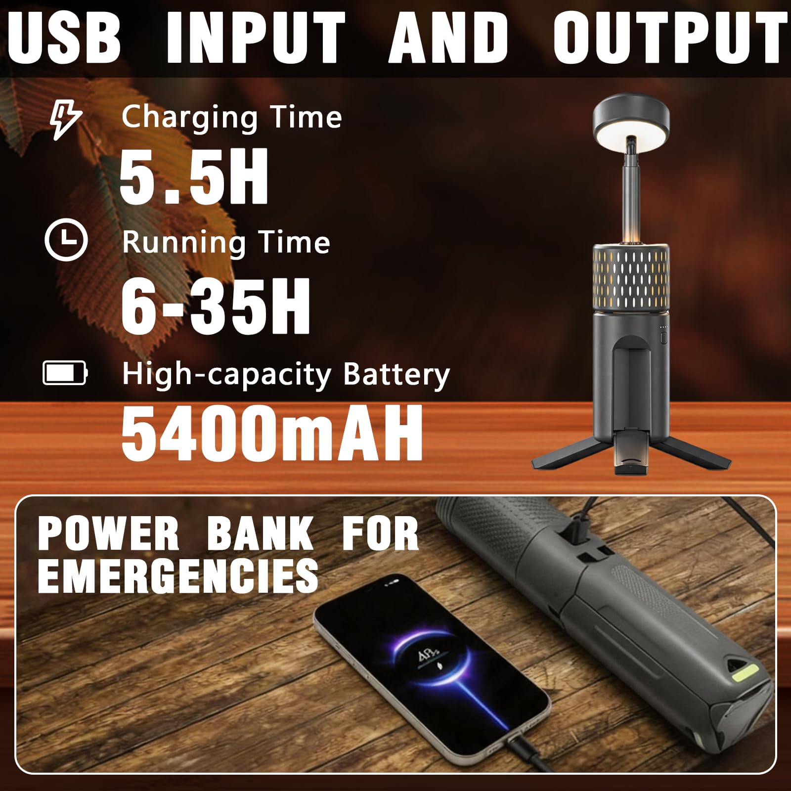 BRGD Linterna de Camping Telescópica Recargable, 5400mAh Trípode LED Multifunción con Bolsa de Almacenamiento para Camping, Pesca y Senderismo, Impermeable IPX54