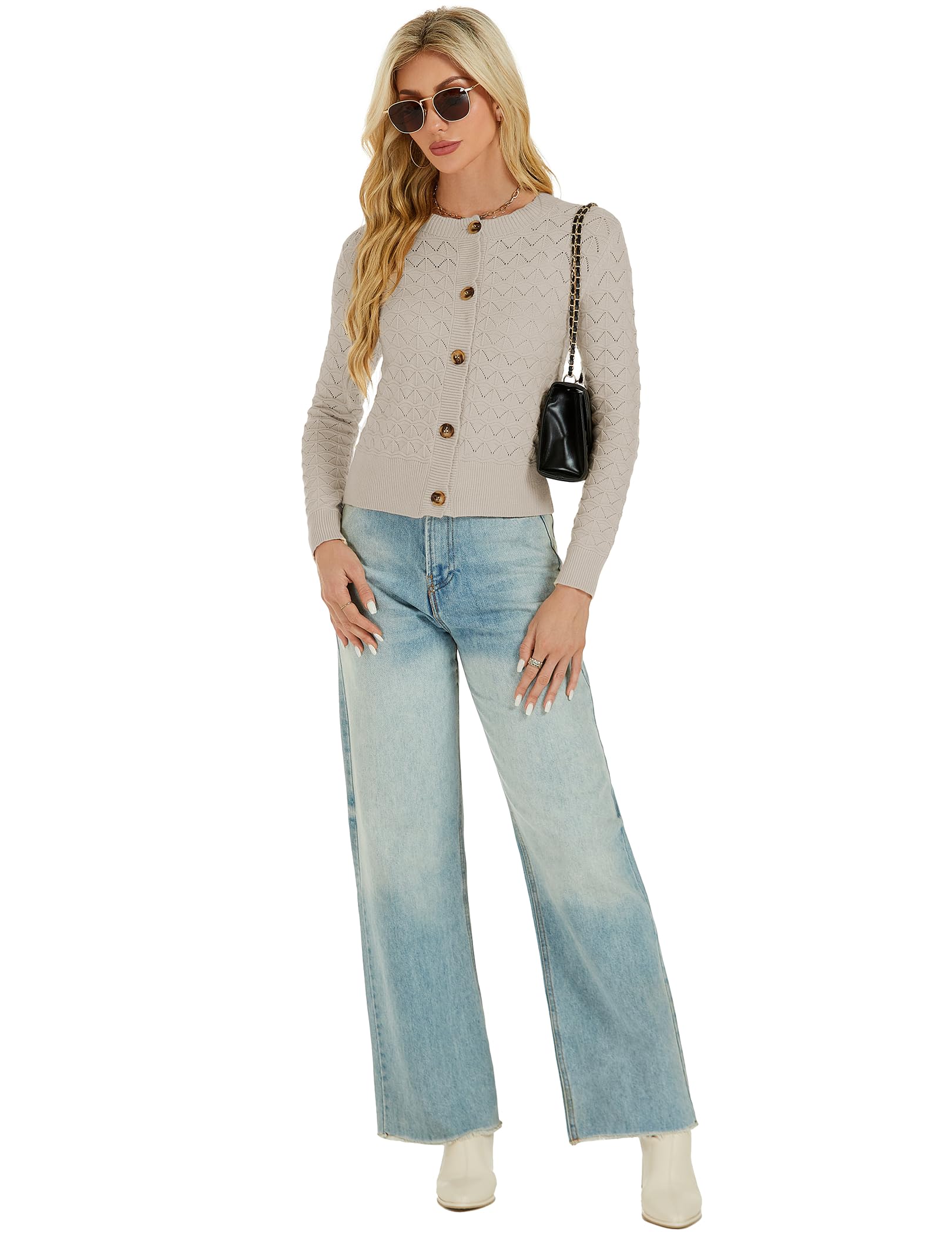 Damen Strickjacke Elegant Langarm Rundhals Cardigan Leicht Bolero Jäckchen mit Knöpfe Weiche Jacke über Top Kleid